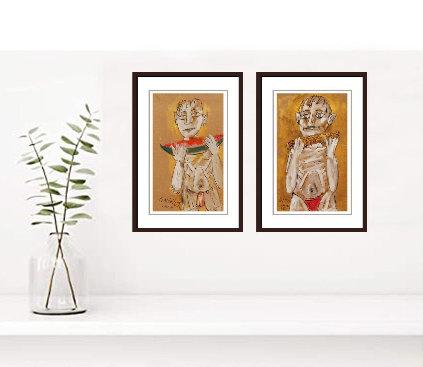 Boy eating fruit and corn
By Great Modern Indian Artist Paritosh Sen 
Size 20 x 12 inches each (unframed size)
Acrylic and Mixed Media on board
( Set of 2 works )
Inclusive of shipment in unframed form.

( An ecelectic pair of two boys, by the