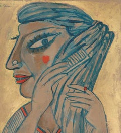 Girl Combing her Hair, Mixed Media on Board by Indian Master Painter "In Stock"