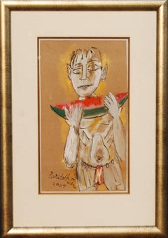 Boy eating Fruit & Corn, Acrylic, Indian Artist, Influenced by the great Picasso