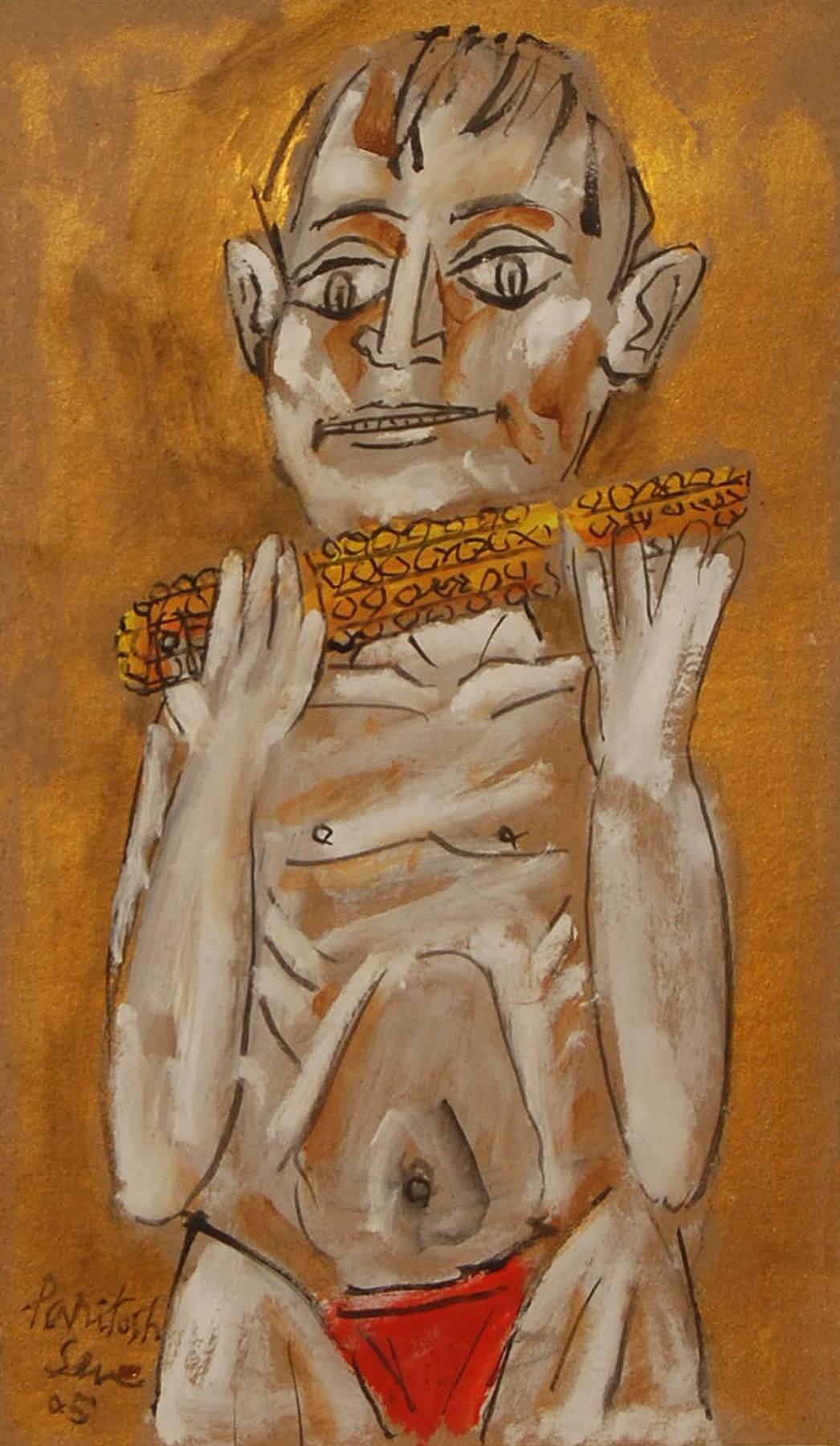 Boy eating Fruit & Corn, Acrylic, Indian Artist, Influenced by the great Picasso - Modern Mixed Media Art by Paritosh Sen