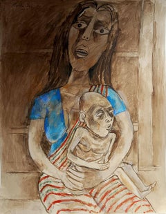 Mother & Child, Acrilico su tavola di carta dell'artista moderno Paritosh Sen "In magazzino"