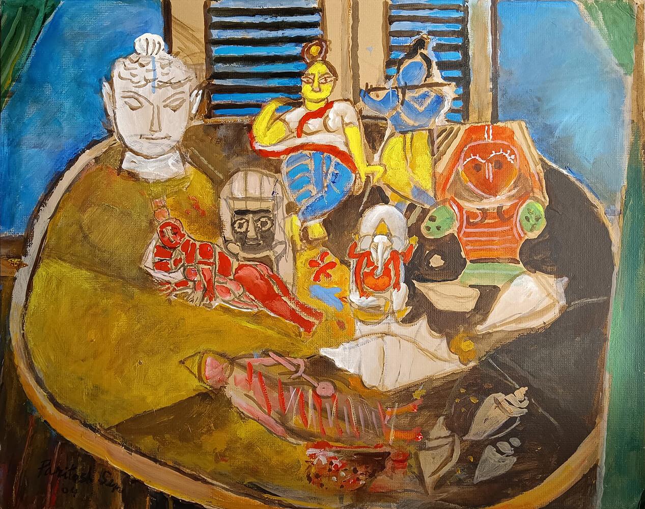Paritosh Sen - Still - Life with Religious Icons
Mixed Media on Paper
20 x 25 inches, 2004
(Unframed & Delivered)

Paritosh’s Still Life with Religious Icons is a vibrant composition that brings together diverse cultural and spiritual symbols.