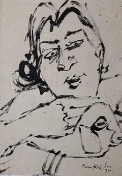 Vintage Untitled, Brush on Paper, Black, White Color by Paritosh Sen "In Stock"