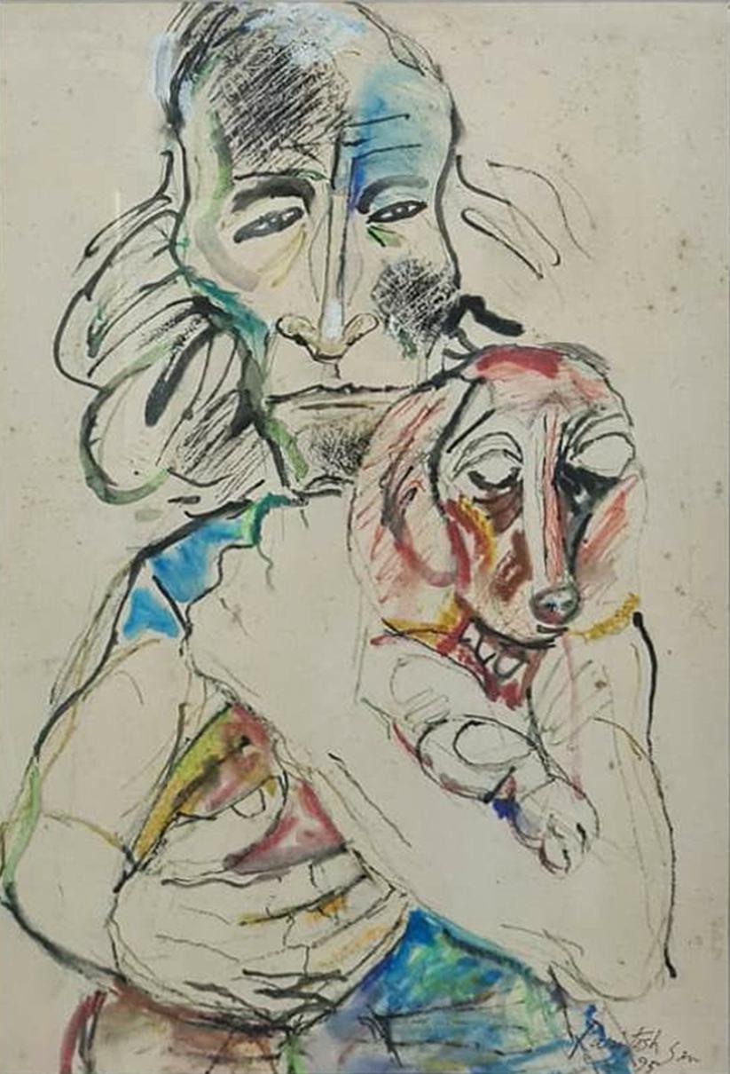 Sin título, Técnica mixta Papel pegado sobre tabla, Rojo, Azul by Paritosh Sen "En Stock"