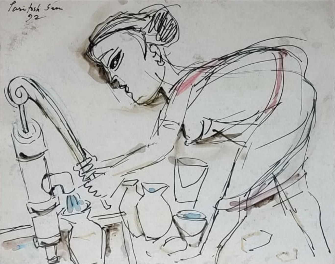 Paritosh Sen - Ohne Titel (Frau am Rohrbrunnen)
Feder & Tinte auf Papier
8,6 x 11 Zoll, 1992
( Gerahmt & Geliefert )

Eine atemberaubende Arbeit in Farben auf "rot, blau Gold in Acryl auf Board, von teh großen indischen modernen Künstler des 20.
