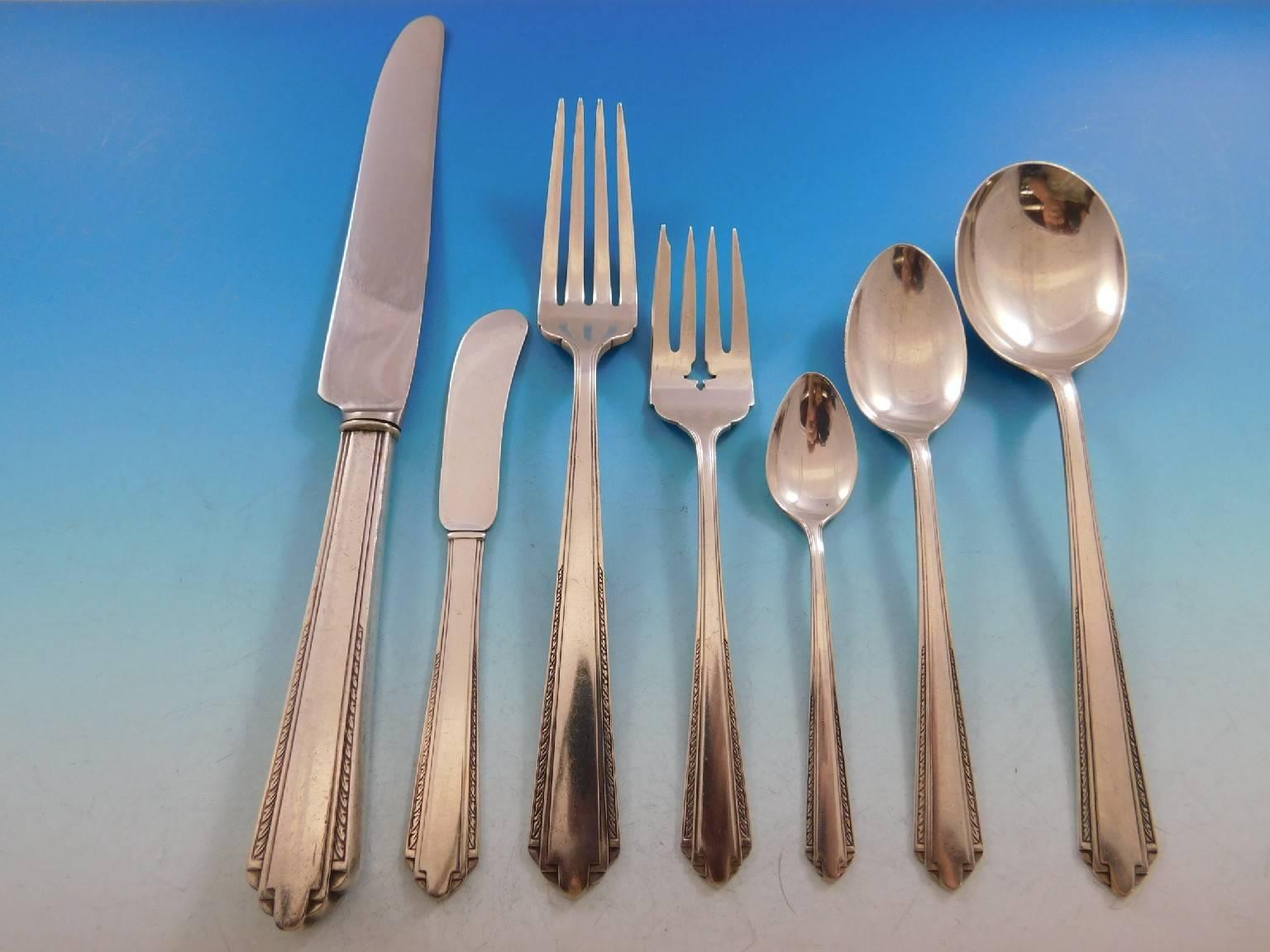 Exquisite dinner size Art Deco park avenue by Manchester sterling silver flatware set, 89 pieces. This set includes:

12 dinner size knives, 9 5/8