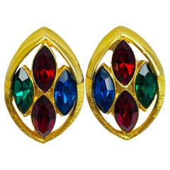 PARK LANE signed vintage jewel gold rhinestone designer runway clip on earrings