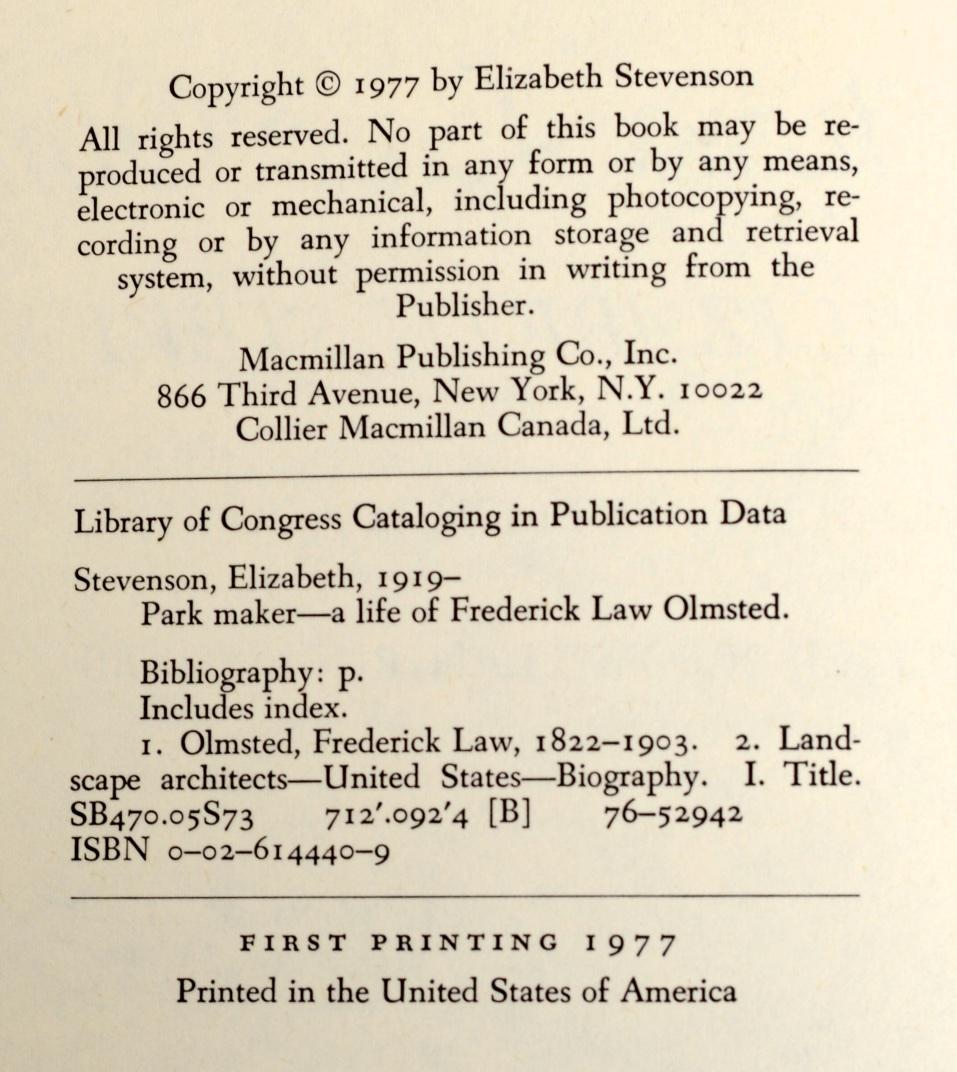 Park Maker Life of Frederick Law Olmsted by Elizabeth Stevenson, 1st Printing 9