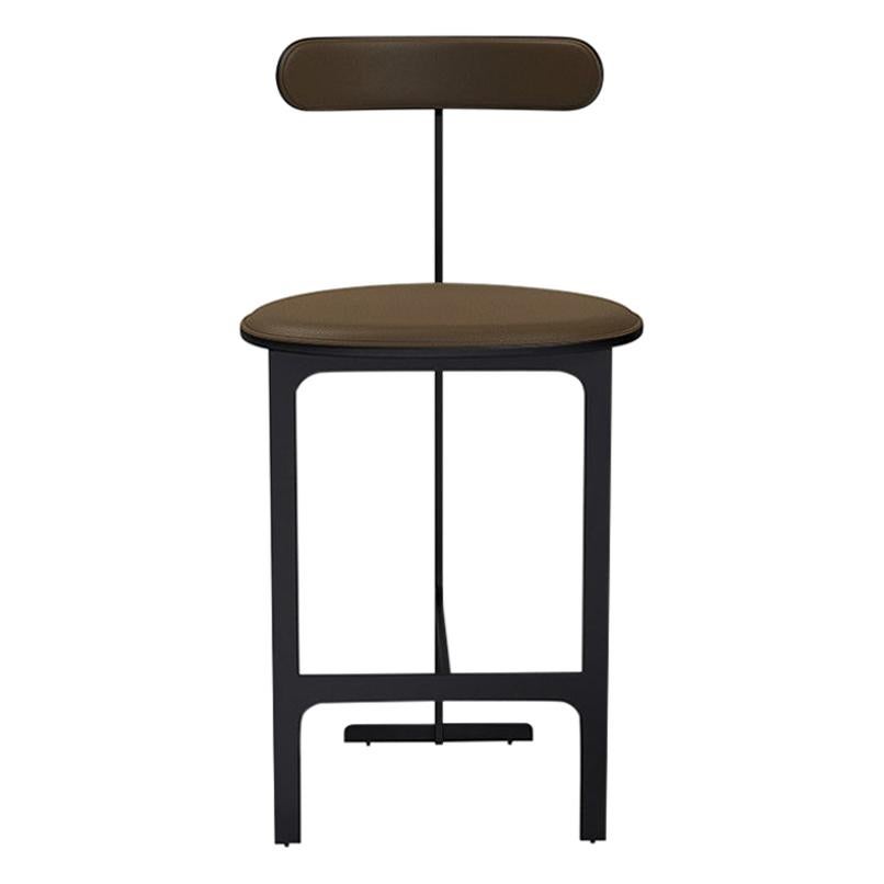 Park Place Counter Stool by Yabu Pushelberg in Matte Black and Nappa Leather For Sale