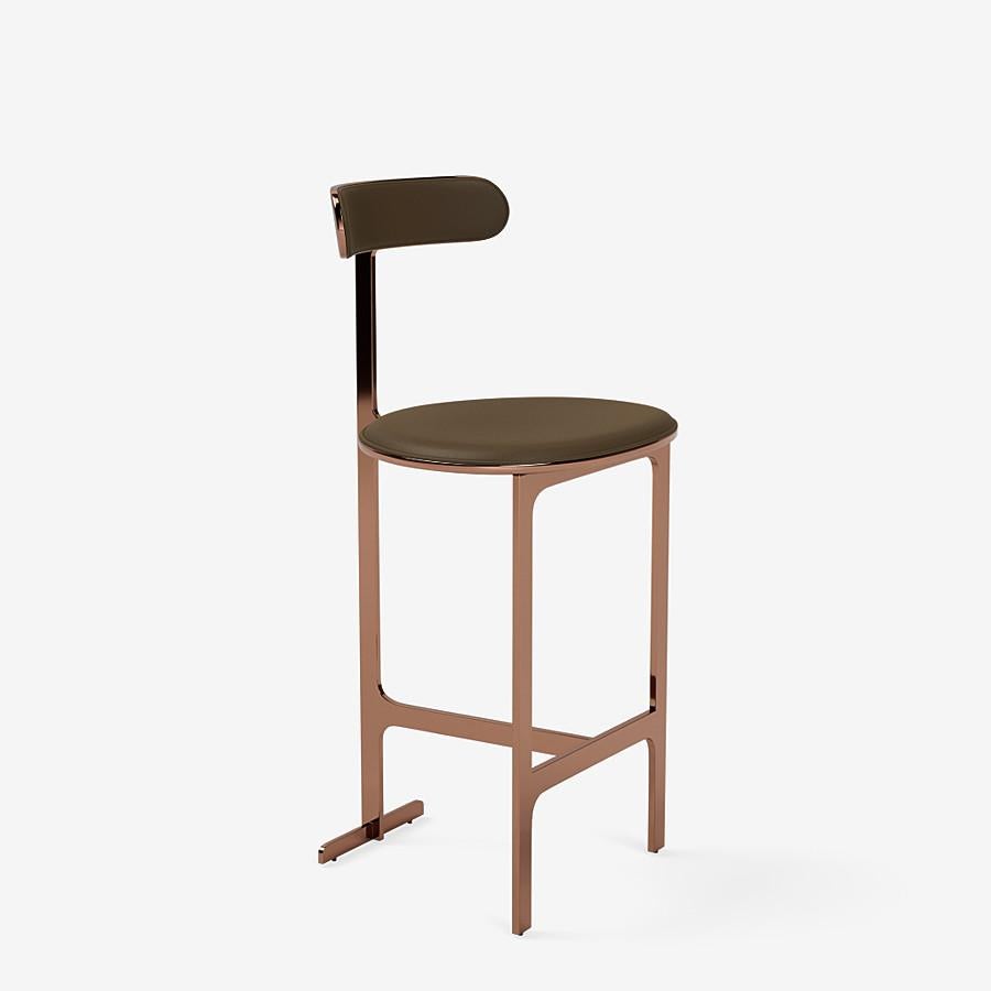 This park place counter stool by Yabu Pushelberg in rose copper is upholstered in Ontario Street, pigmented nappa leather with natural grain. Ontario Street comes in 12 colorways from Germany, with a weight of 1.7-1.9mm.

The park place counter