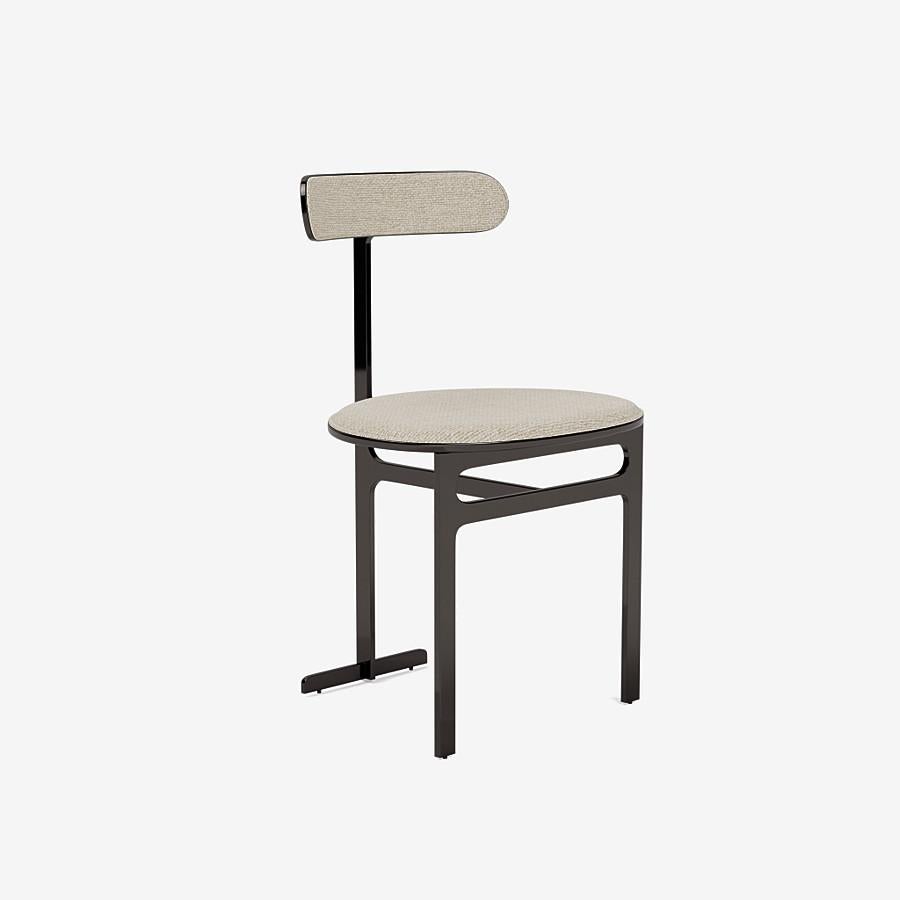 This Park Place dining chair by Yabu Pushelberg in black nickel is upholstered in Sumach Street twisted yarn & chenille. Sumach Street comes in 6 colorways from Begium with a composition of 52% Cotton, 22% Viscose, 14% Acrylic, 6% Linen, 3%