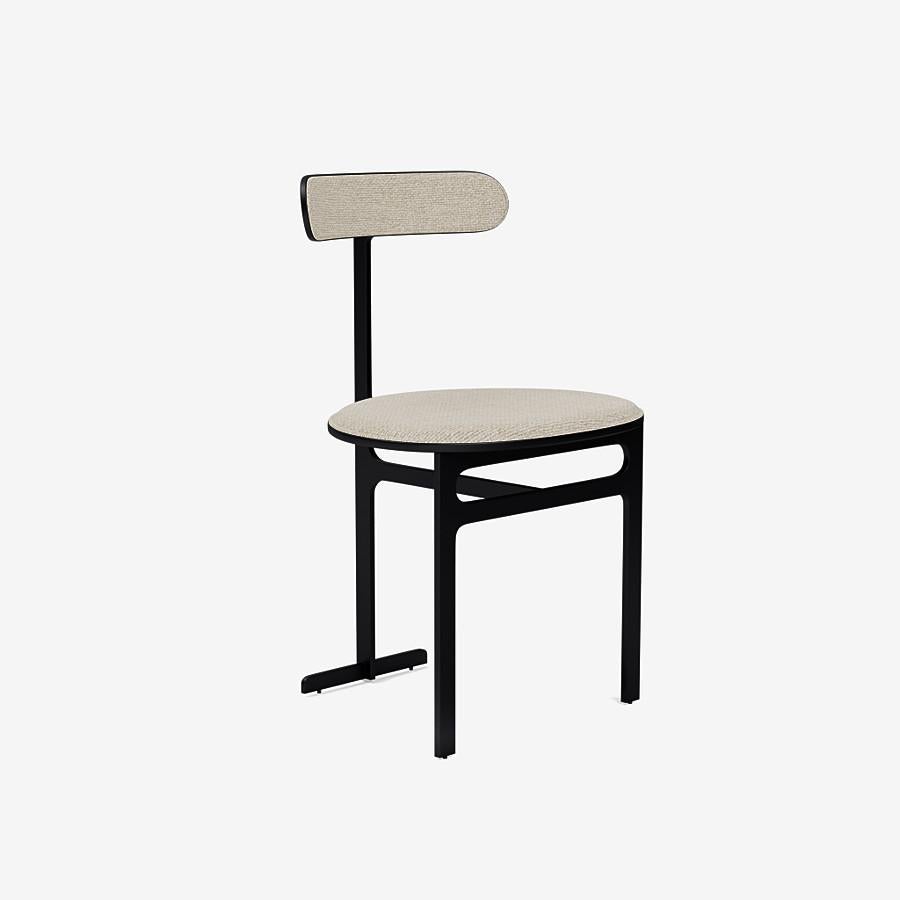 This Park Place dining chair by Yabu Pushelberg in Black Soft Touch is upholstered in Sumach Street twisted yarn & chenille. Sumach Street comes in 6 colorways from Begium with a composition of 52% cotton, 22% viscose, 14% acrylic, 6% linen, 3%