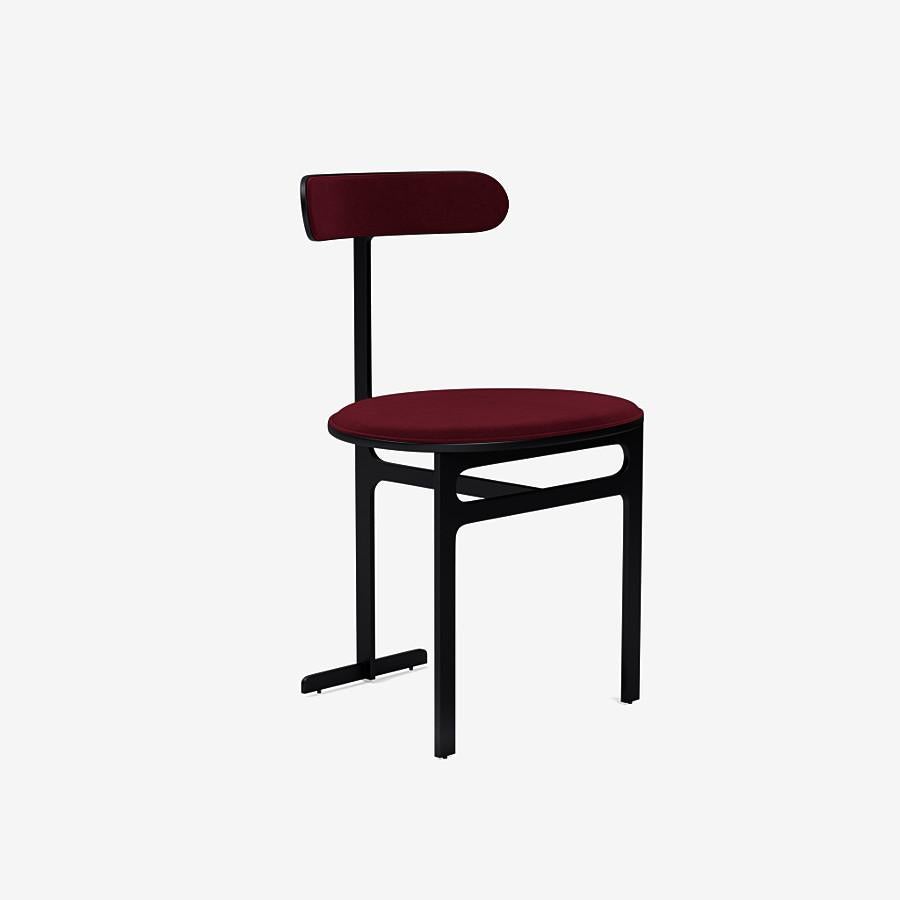 This Park Place dining chair by Yabu Pushelberg in black soft touch is upholstered in Via de' Tessitori, high pile polyester velvet. Via de' Tessitori comes in 7 colorways from Italy with a composition of 100% fire rated Polyester, a weight of