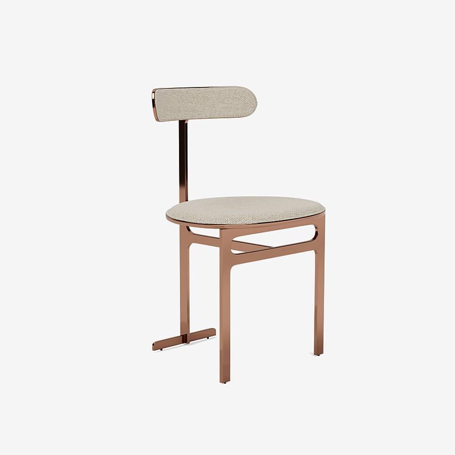 This Park Place dining chair by Yabu Pushelberg in Rose Copper is upholstered in Sumach Street twisted yarn & chenille. Sumach Street comes in 6 colorways from Begium with a composition of 52% Cotton, 22% Viscose, 14% Acrylic, 6% Linen, 3%