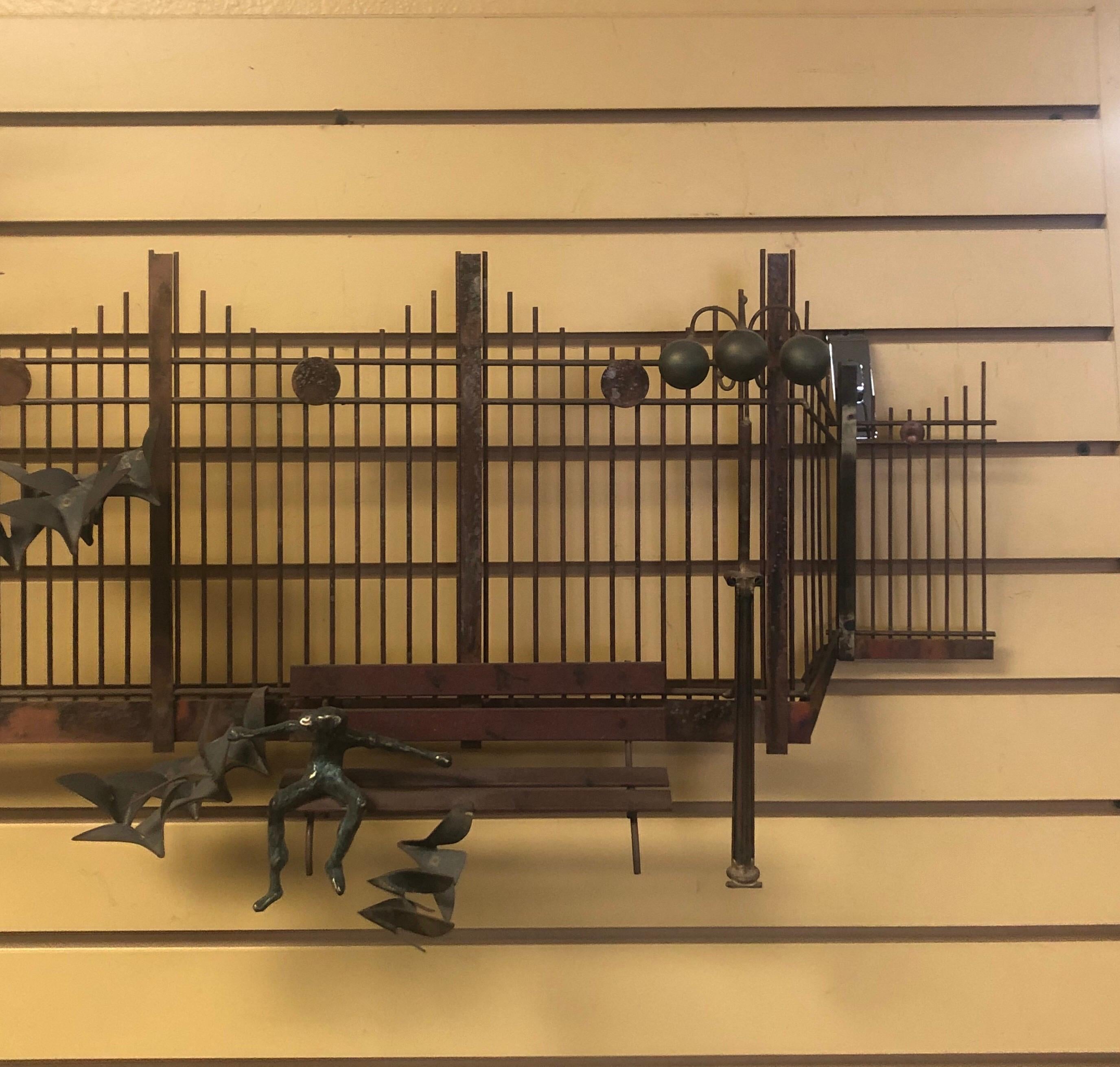 Park Scene Mixed Metal Wall Sculpture by Curtis Jere In Good Condition For Sale In San Diego, CA