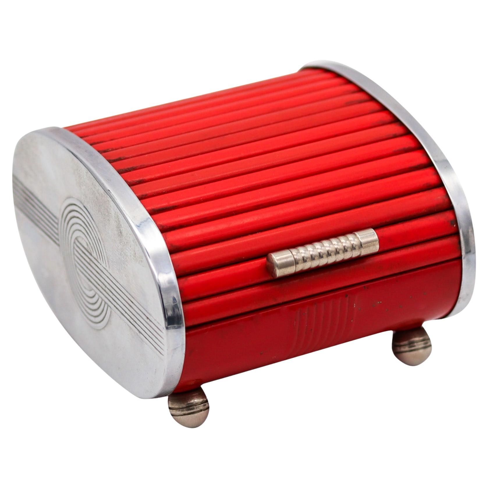 Park Sherman 1930 Art Deco Chromed Steel Roller Lid Box With Red Bakelite For Sale