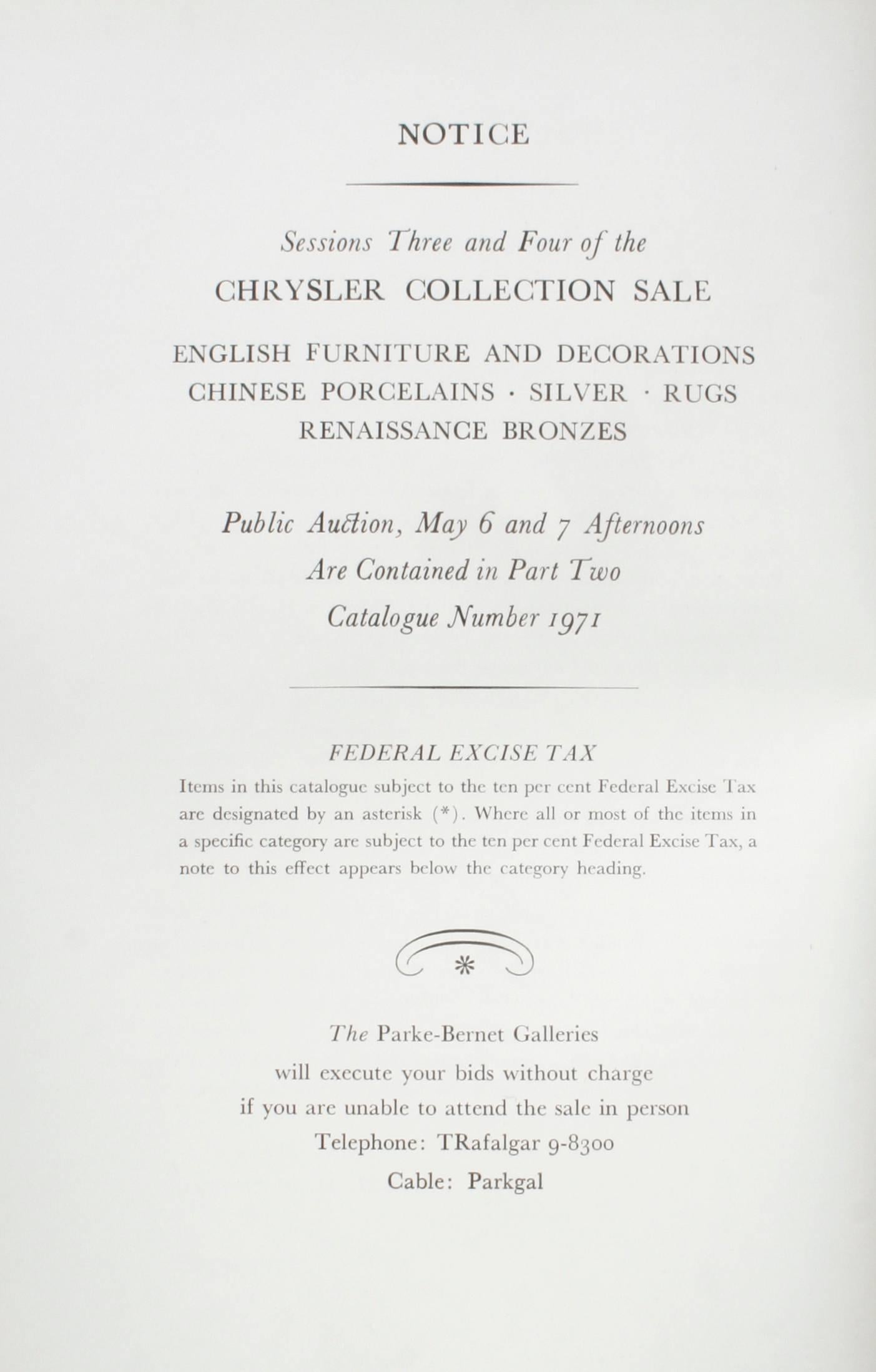 Parke Berner Galleries: The Walter P. Chrysler Jr. Collection of English Furniture Part One. New York: Parke-Bernet Galleries, Inc., 1960. First edition hardcover with no dust jacket as issued. An auction catalogue of magnificent Queen Anne and