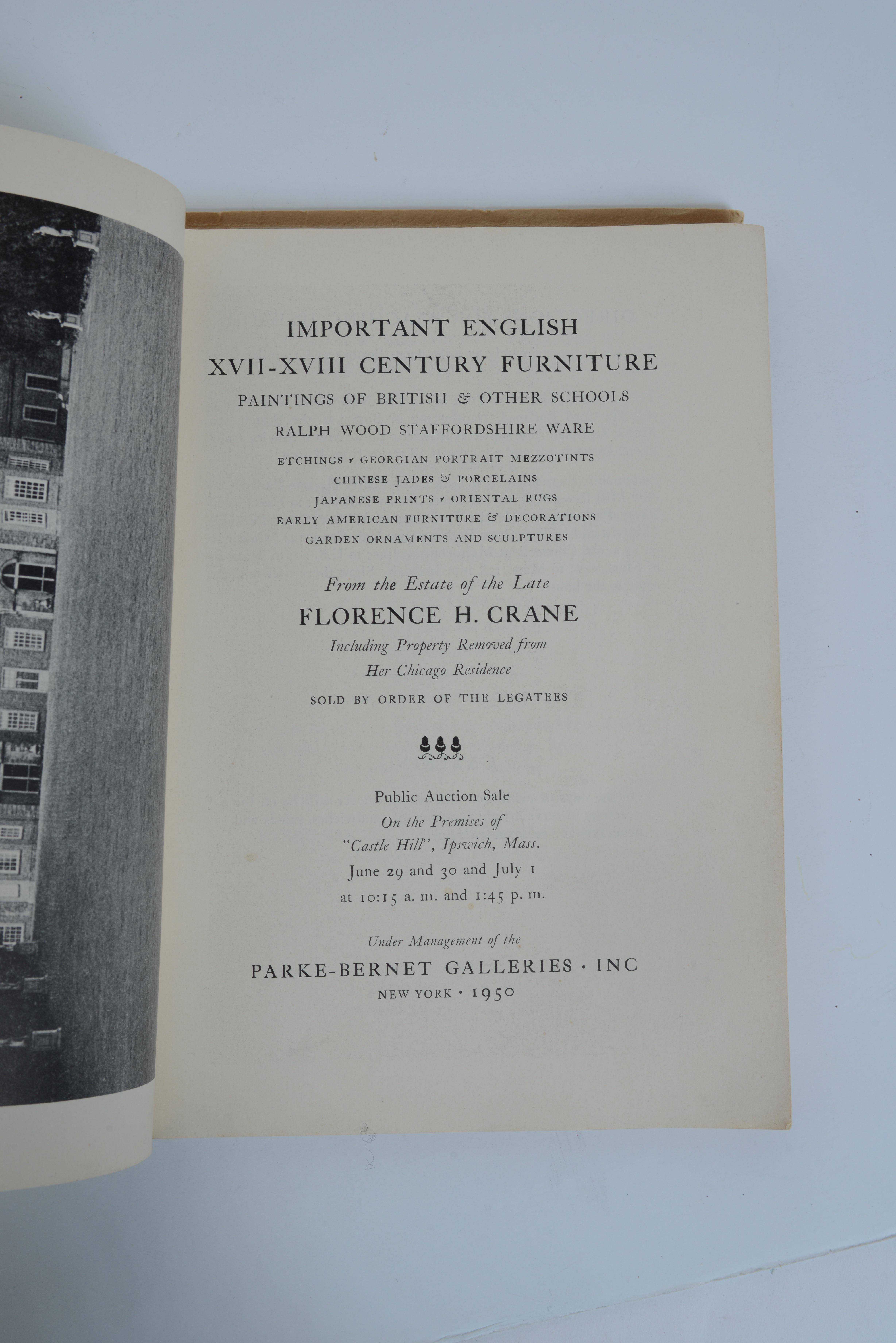 American Parke-Bernet NY Florence H. Crane, Castle Hill, Important English Furniture, 1st For Sale