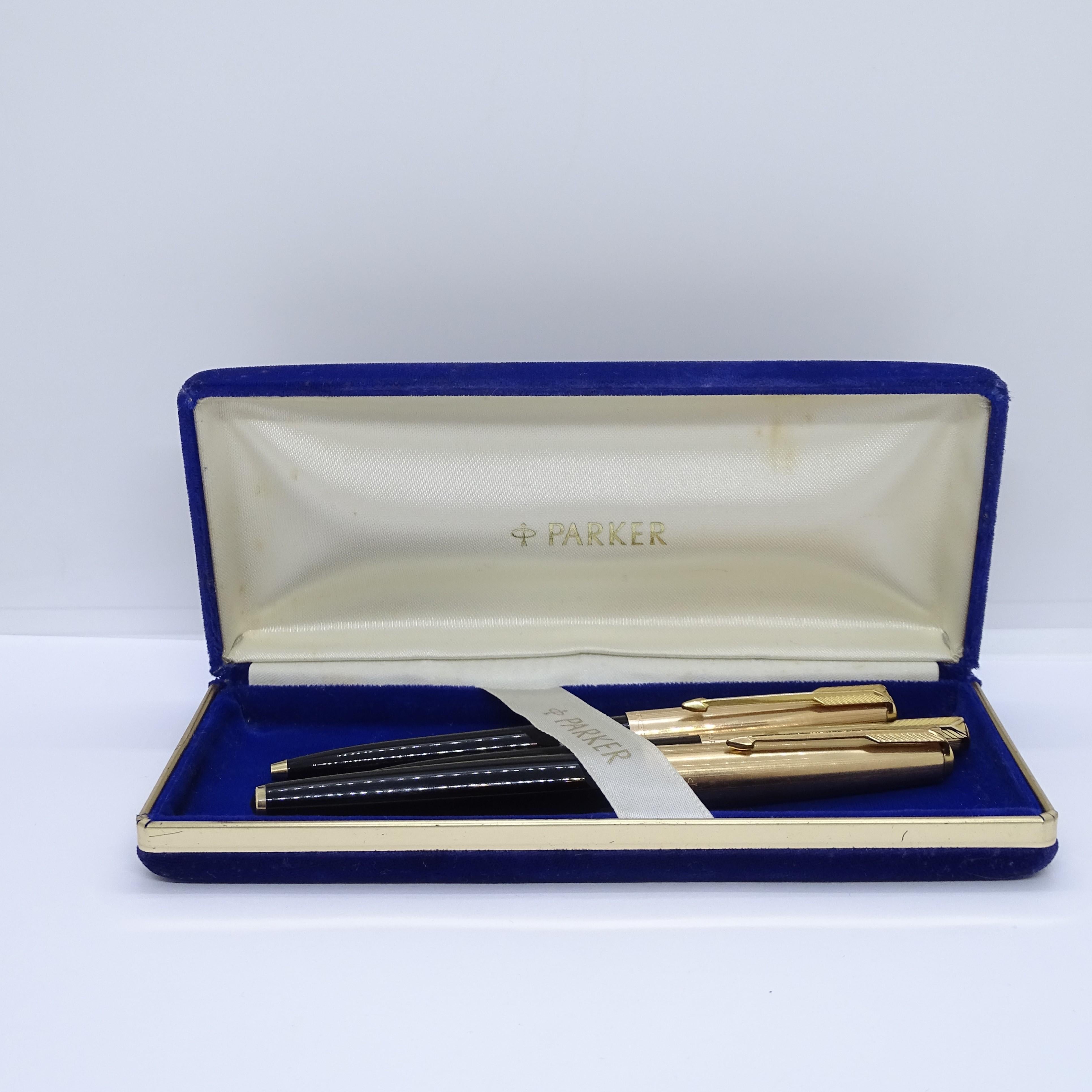 Parker 65 Custom Black writing set with case, 14k gold plated, 70's 2
