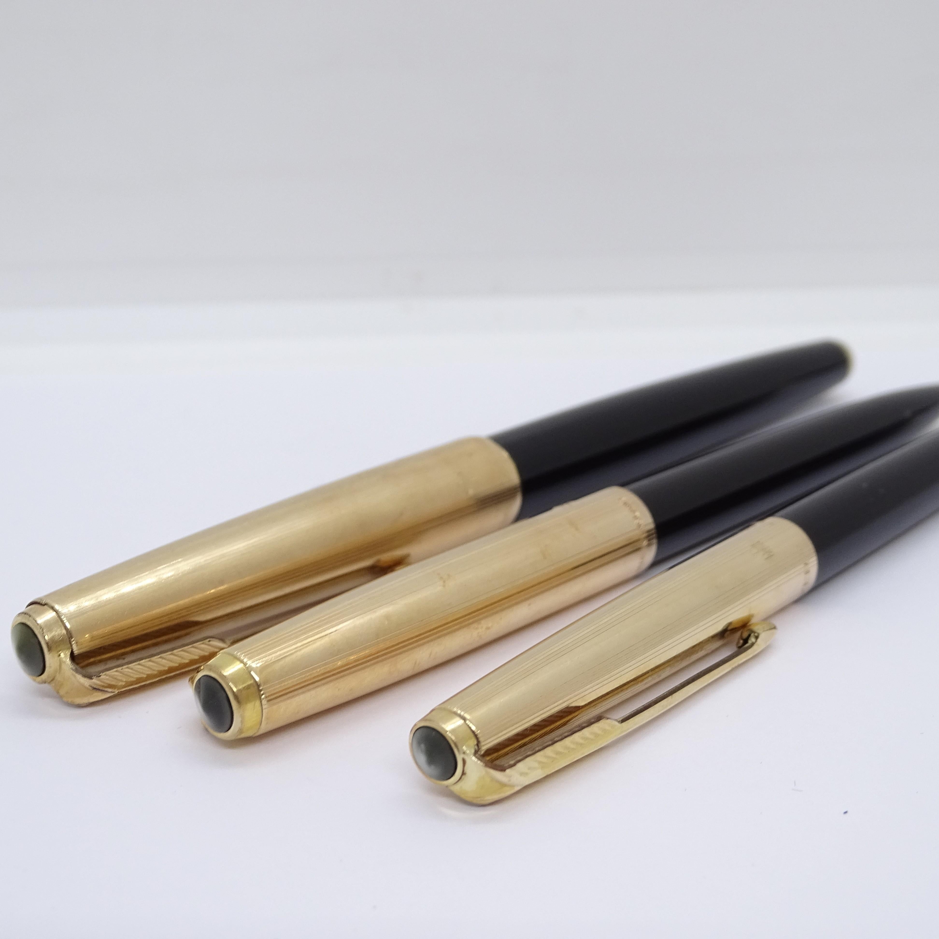 Parker 65 Custom Black writing set with case, 14k gold plated, 70's For Sale 4