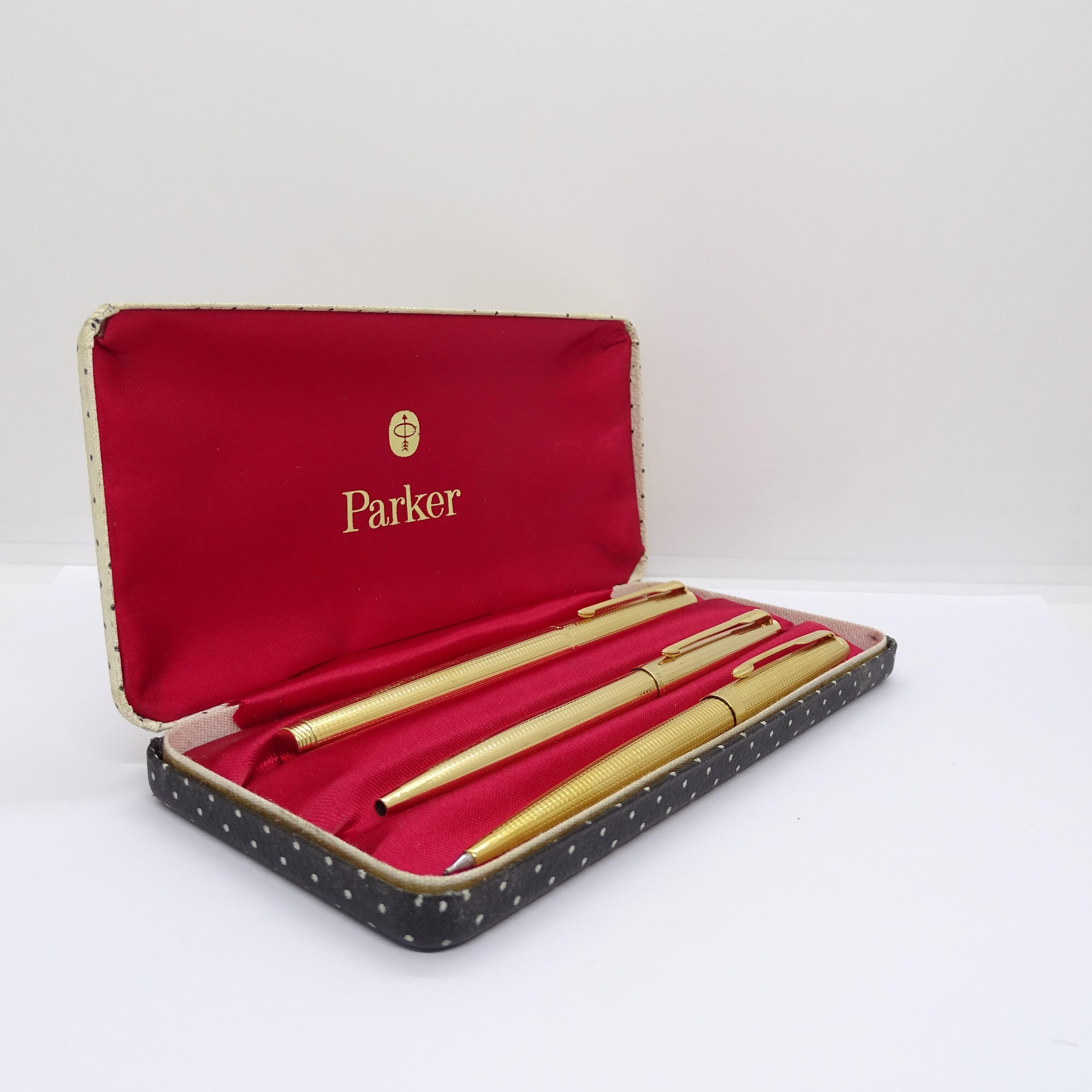 Parker 75 Custom Insignia writing set with case, 14k gold plated, 70's In Good Condition For Sale In VALLADOLID, ES