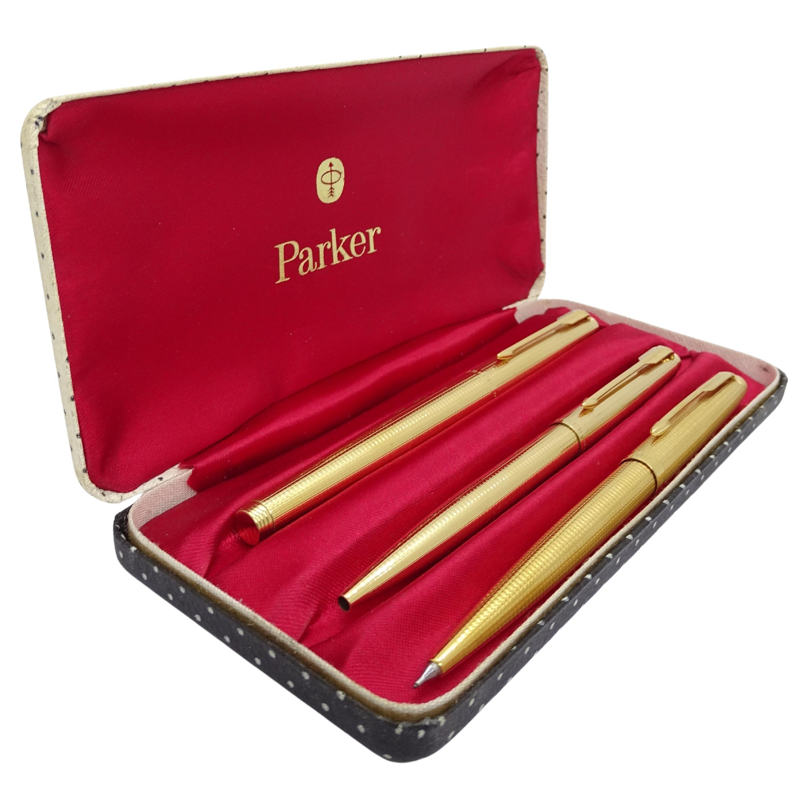 Parker 75 Custom Insignia writing set with case, 14k gold plated, 70's