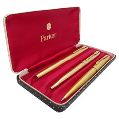 Used Parker 75 Custom Insignia writing set with case, 14k gold plated, 70's