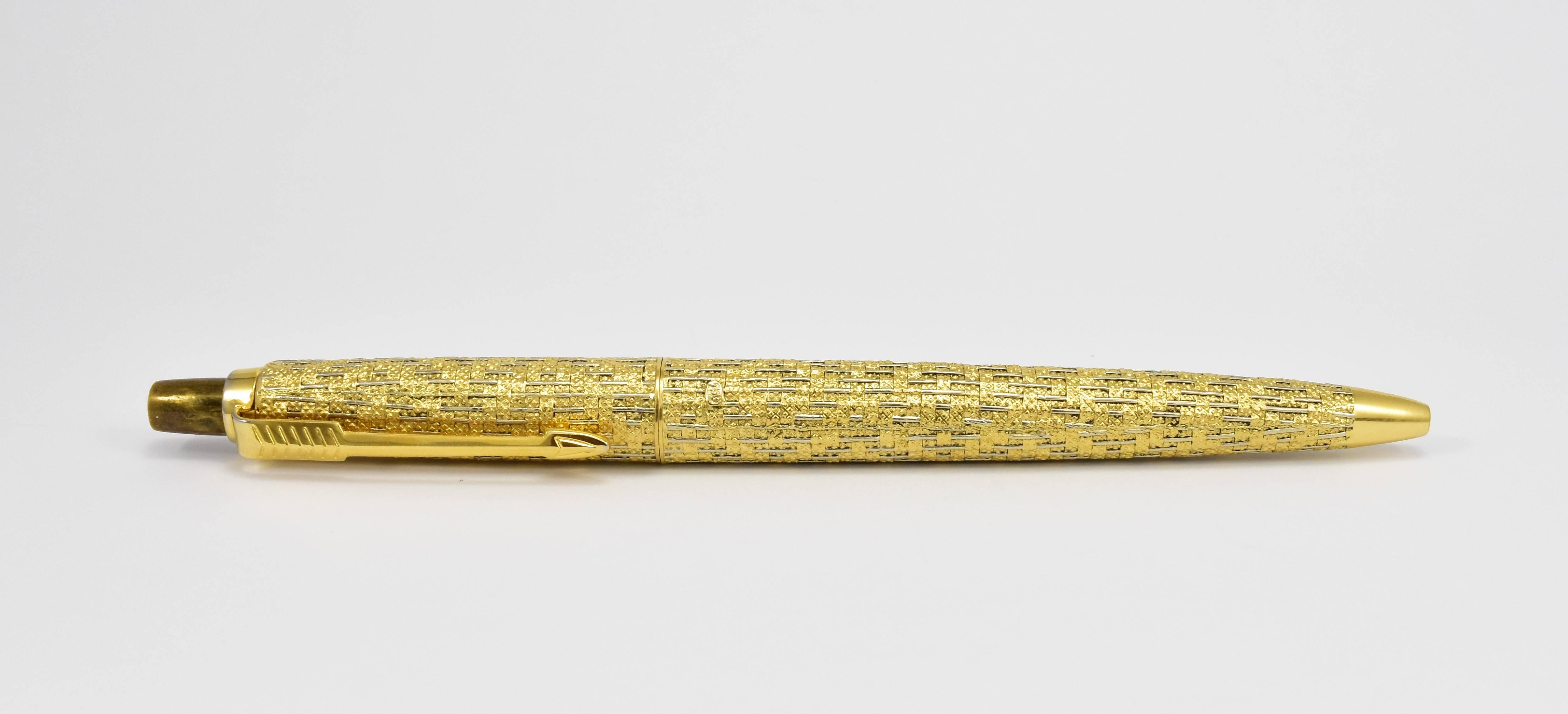 Modern Parker Ballpoint Pen, White and Yellow Gold Basketweave For Sale