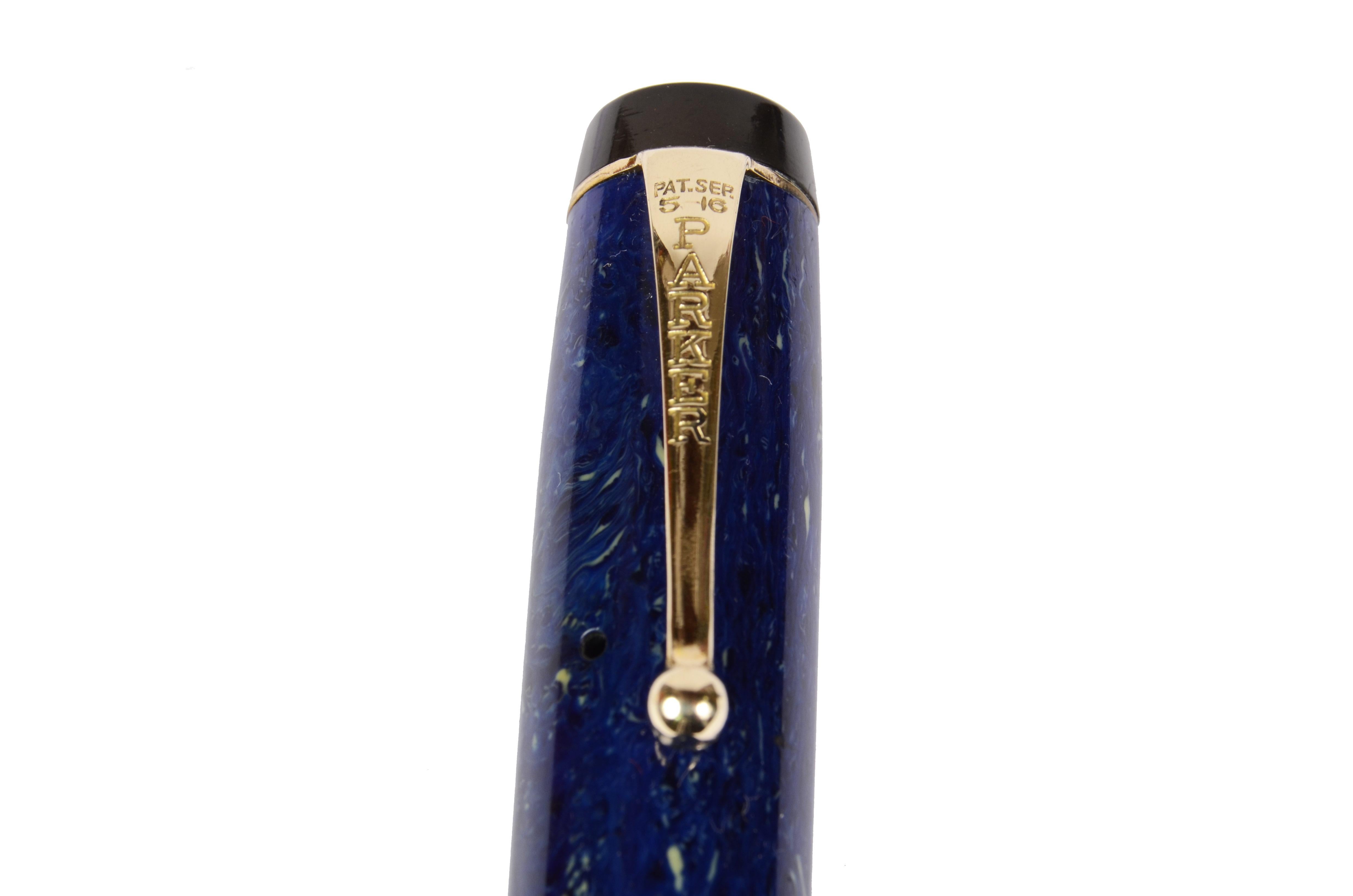 Parker Duofold Senior Celluloid Lapis Lazuli 1931 Antique Fountain Pen Gold Nib In Good Condition In Milan, IT