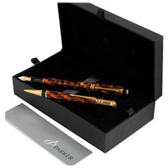 Parker Duofold Set in Amber Check, 18 Karat Yellow Gold Nib, Box & Papers