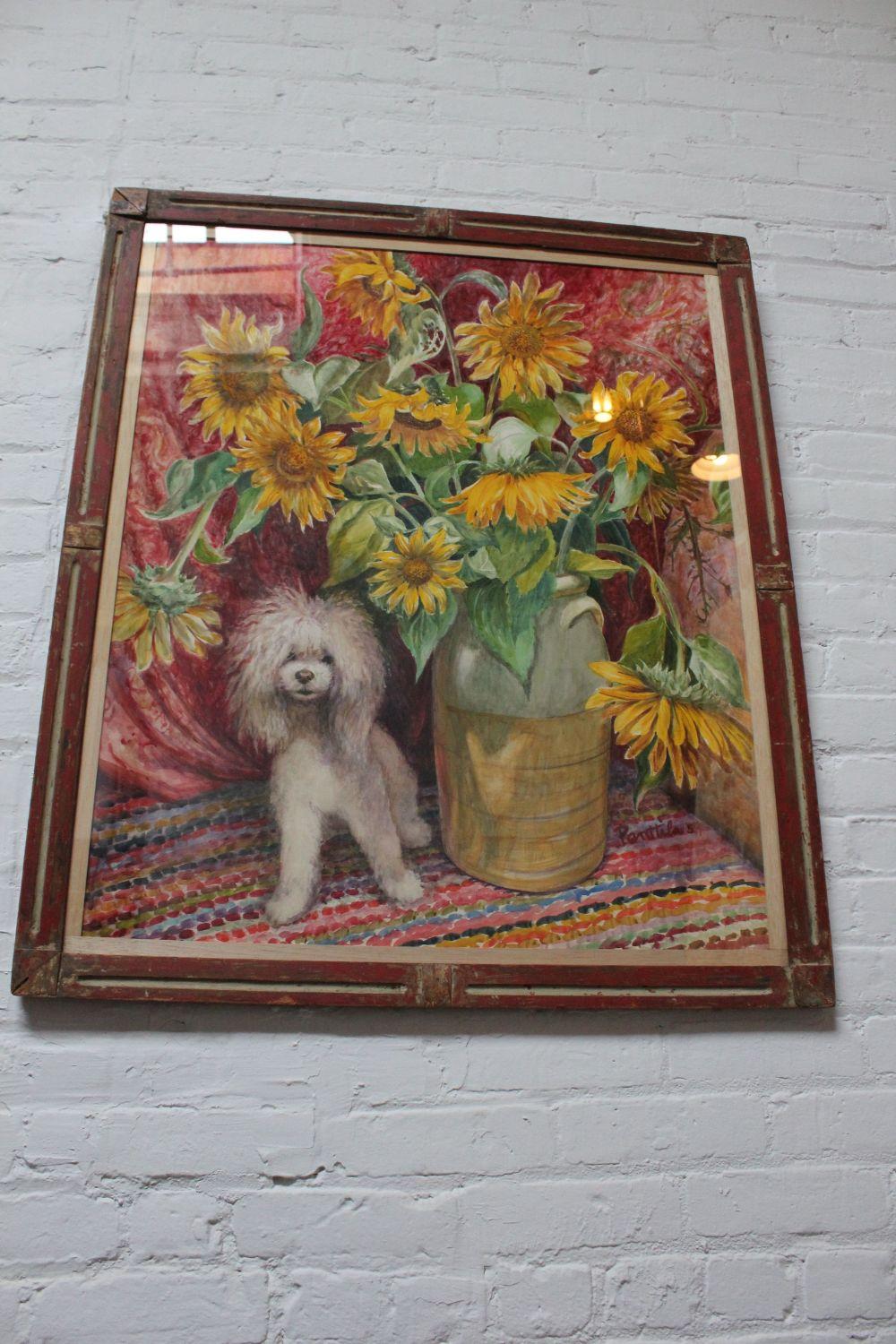 Parker Elwood Panttila „Poodle with Sunflowers“ Acryl-Porträt Stillleben (Moderne der Mitte des Jahrhunderts) im Angebot