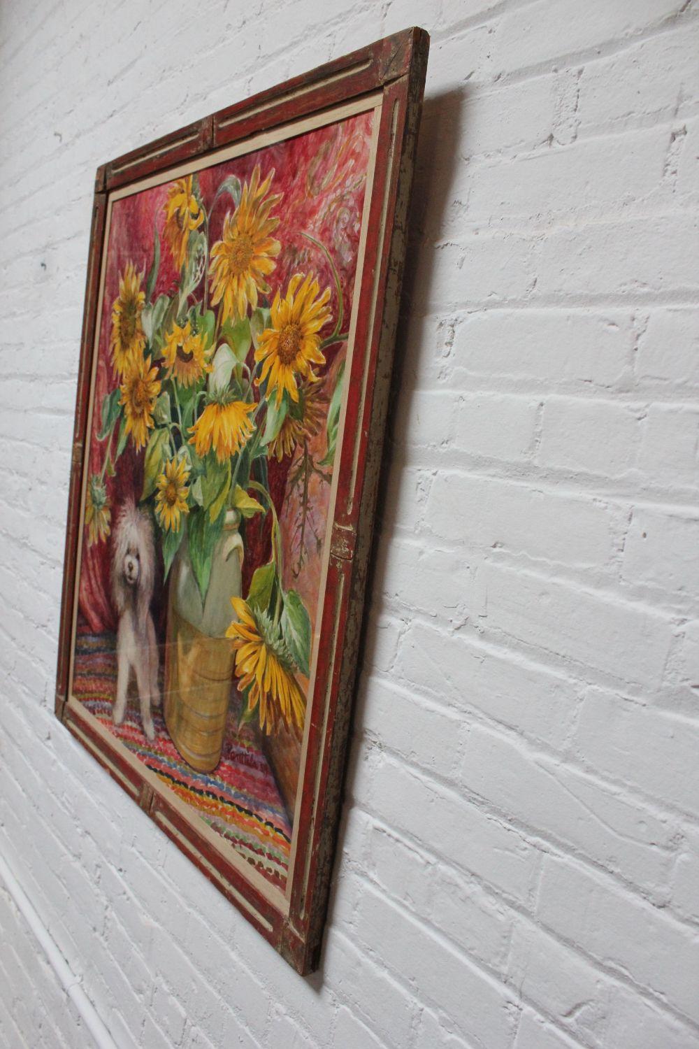 Parker Elwood Panttila „Poodle with Sunflowers“ Acryl-Porträt Stillleben (Ende des 20. Jahrhunderts) im Angebot