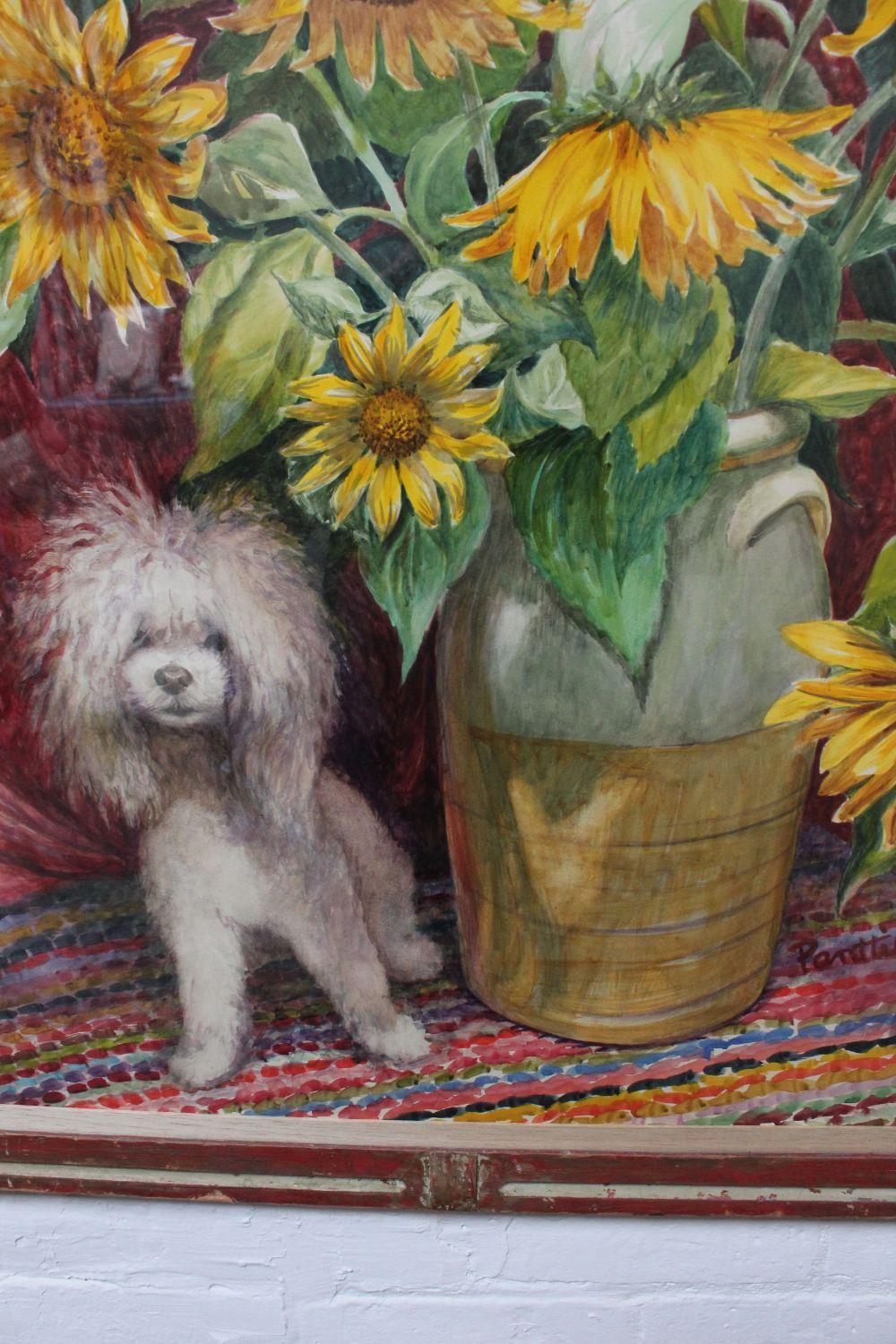 Parker Elwood Panttila „Poodle with Sunflowers“ Acryl-Porträt Stillleben im Angebot 1