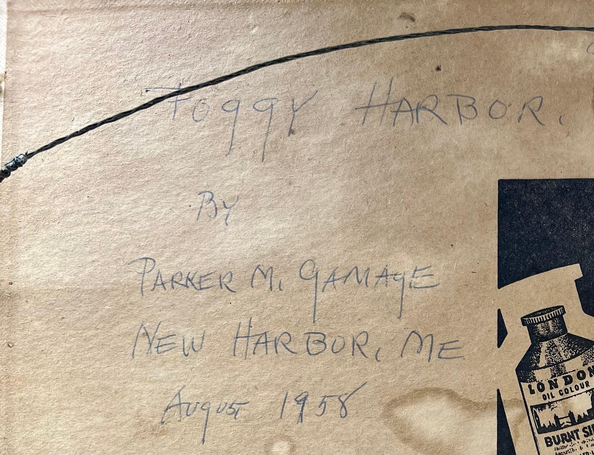 Stimmungsvolles Gemälde aus der Mitte des Jahrhunderts von Mid-Coast Maine. Öl auf Künstlerplatte, rechts unten signiert und auf der Rückseite datiert und bezeichnet.

Parker Gamage (1882-1960)
Gamage, der die meiste Zeit seines Lebens in New