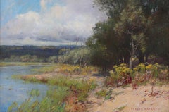 19th Century Antique Oil Painting: 'A River Landscape with a Mother and Child' S