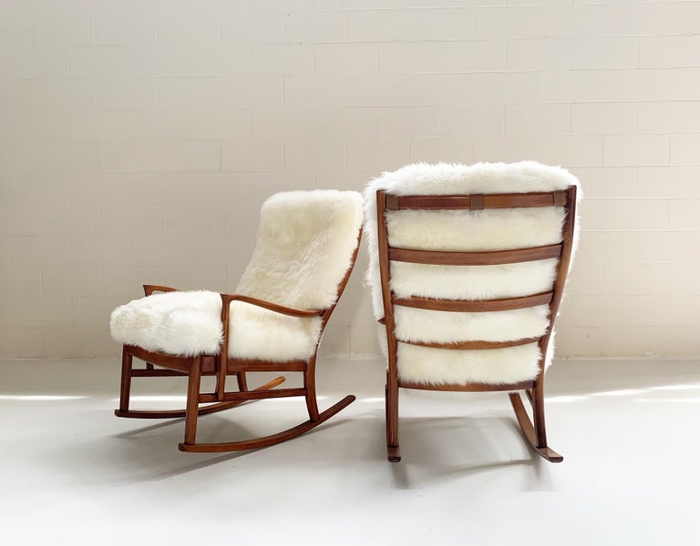 Parker Knoll Rocking Chairs with New Zealand Sheepskin Cushions, Pair