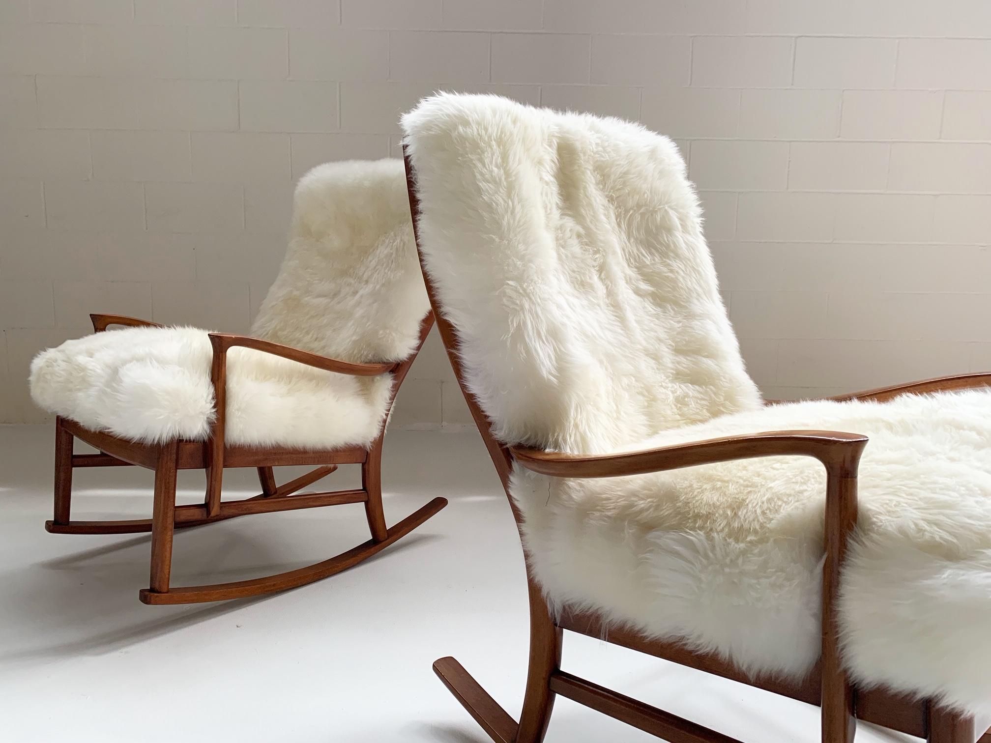 Mid-Century Modern Parker Knoll Rocking Chairs with New Zealand Sheepskin Cushions, Pair