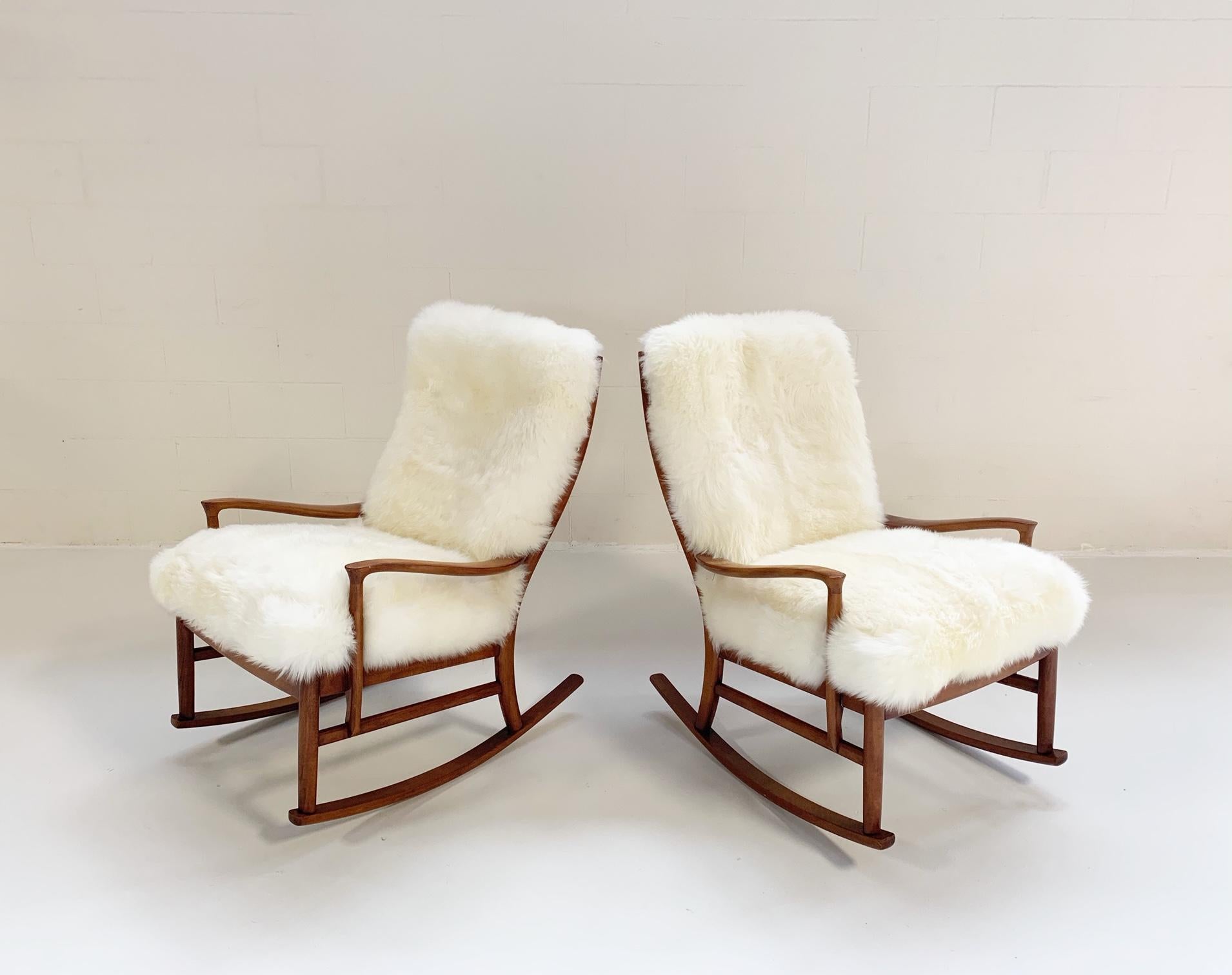 English Parker Knoll Rocking Chairs with New Zealand Sheepskin Cushions, Pair