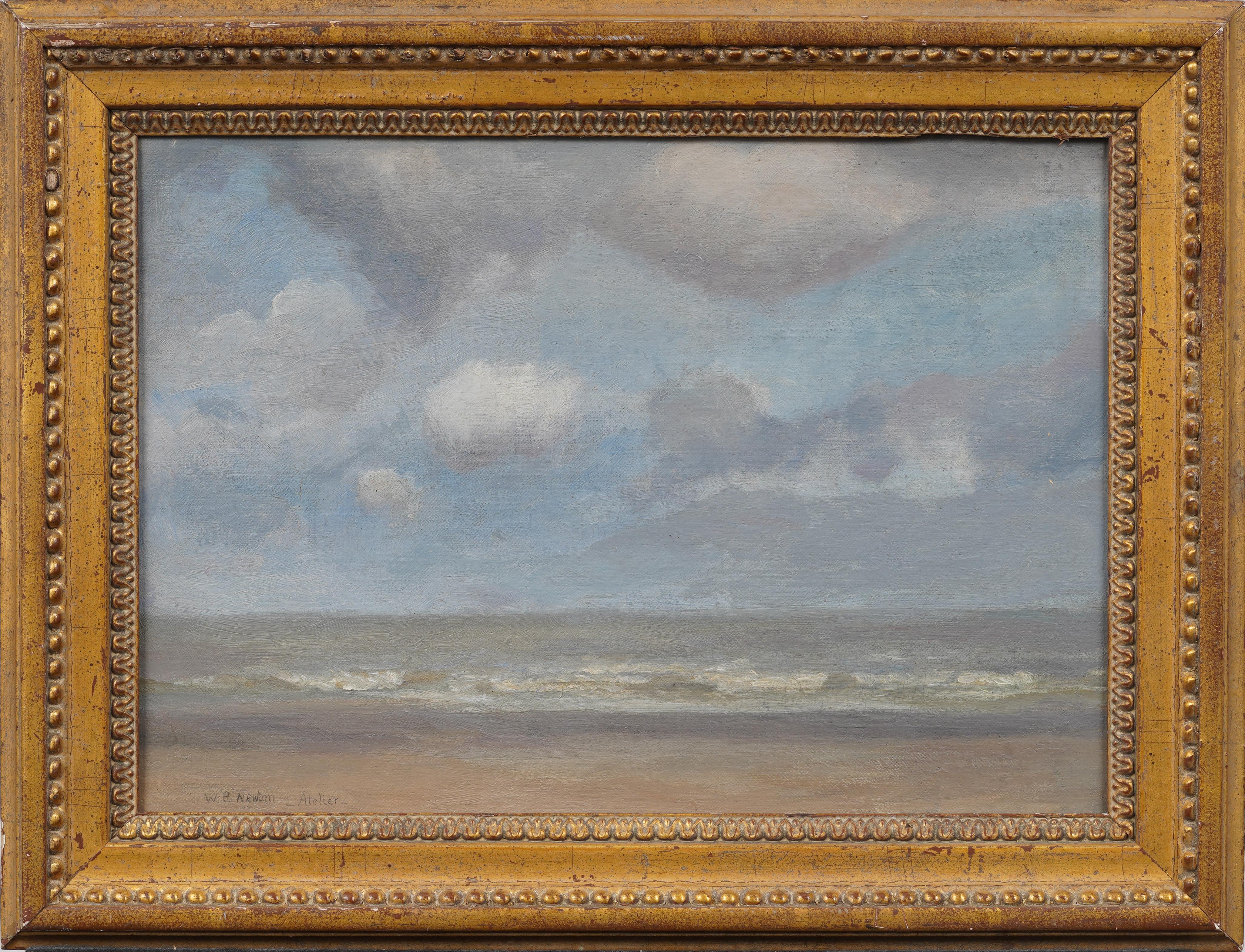 Antique American 19th Century Coastal Beach Scene Signed Framed Oil Painting - Brown Landscape Painting by Parker Newton