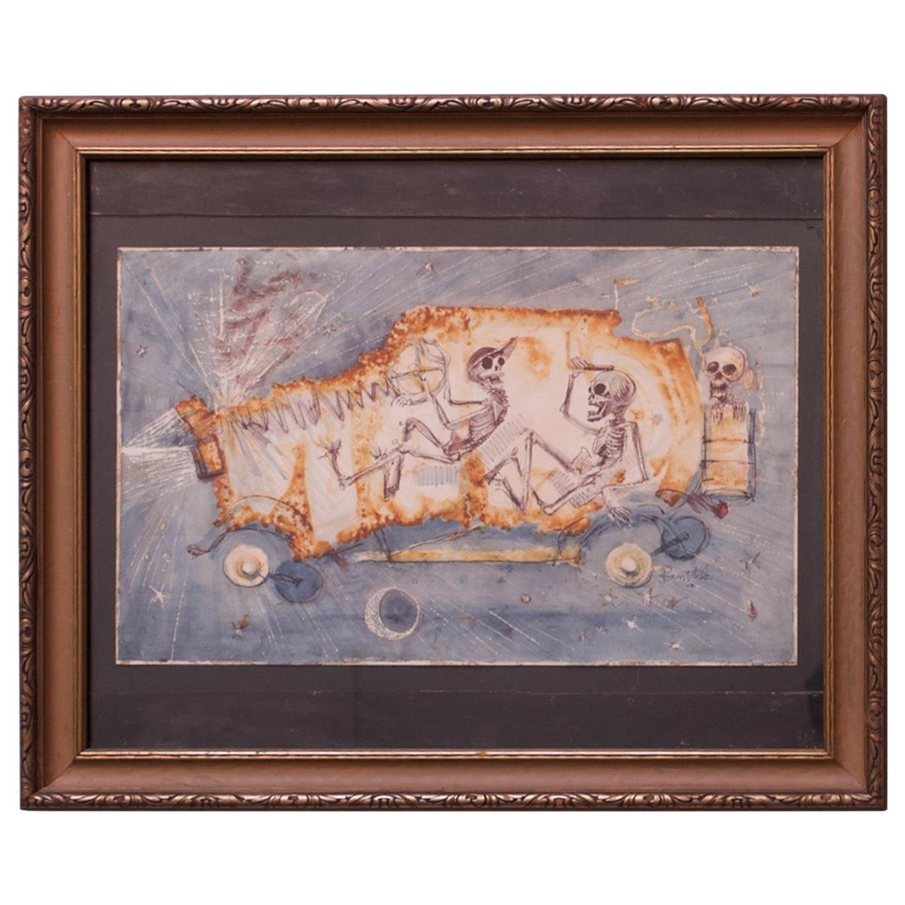 Parker Panttila Surrealist Study Watercolor on Board For Sale