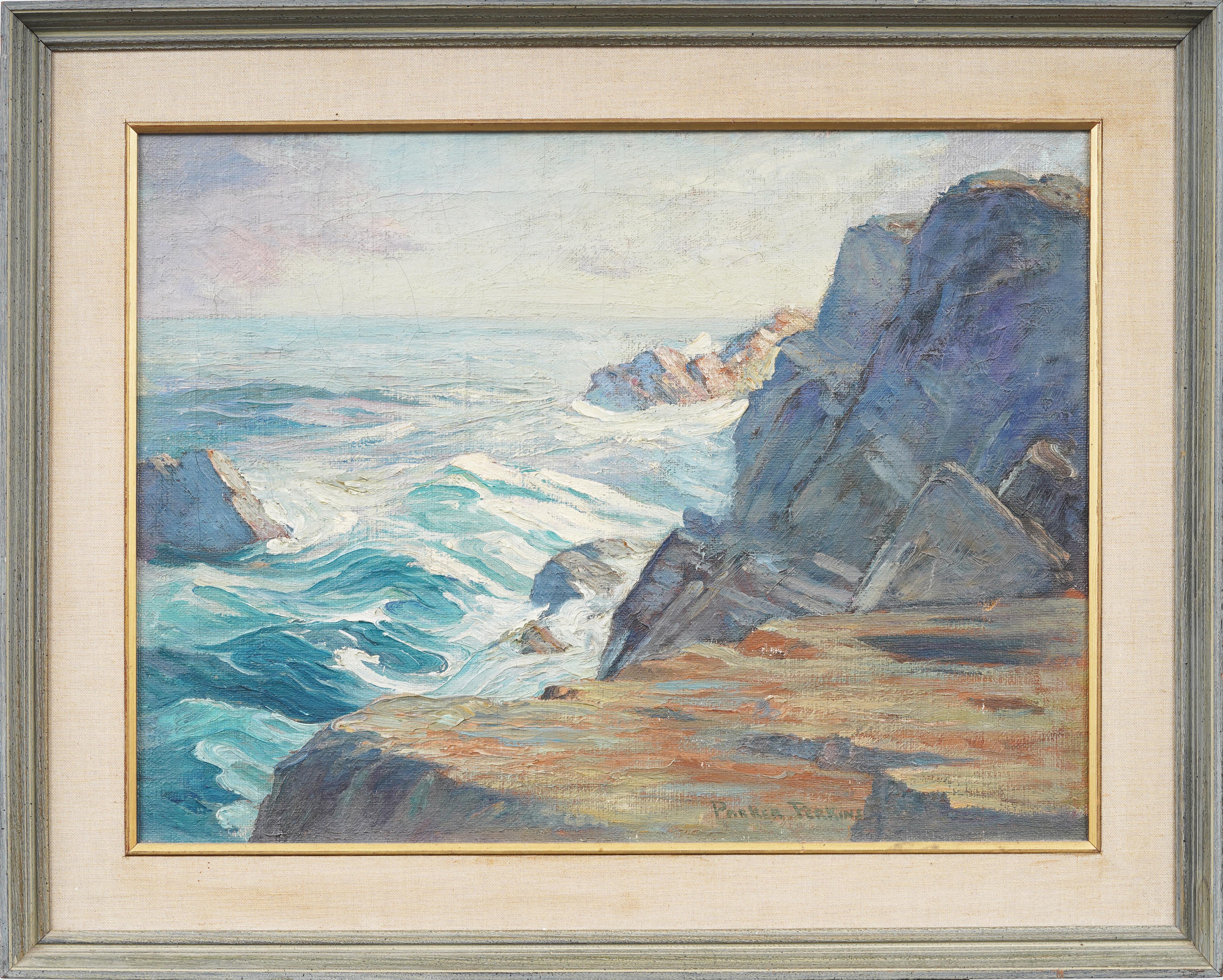 Antique American Impressionist Boston School Crashing Surf Seascape Oil Painting