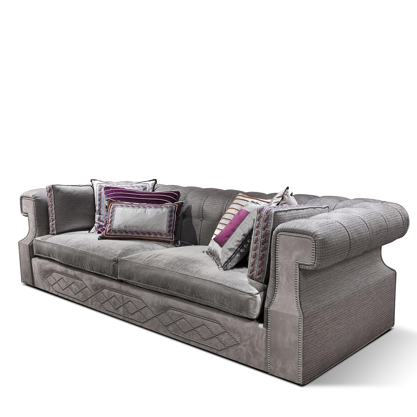 Three-seater sofa upholstered in jacquard fabric and viscose velvet. Front profile in nubuck leather with an ornamental motif of micro-studs hand applied. Pillows included as per the photo.