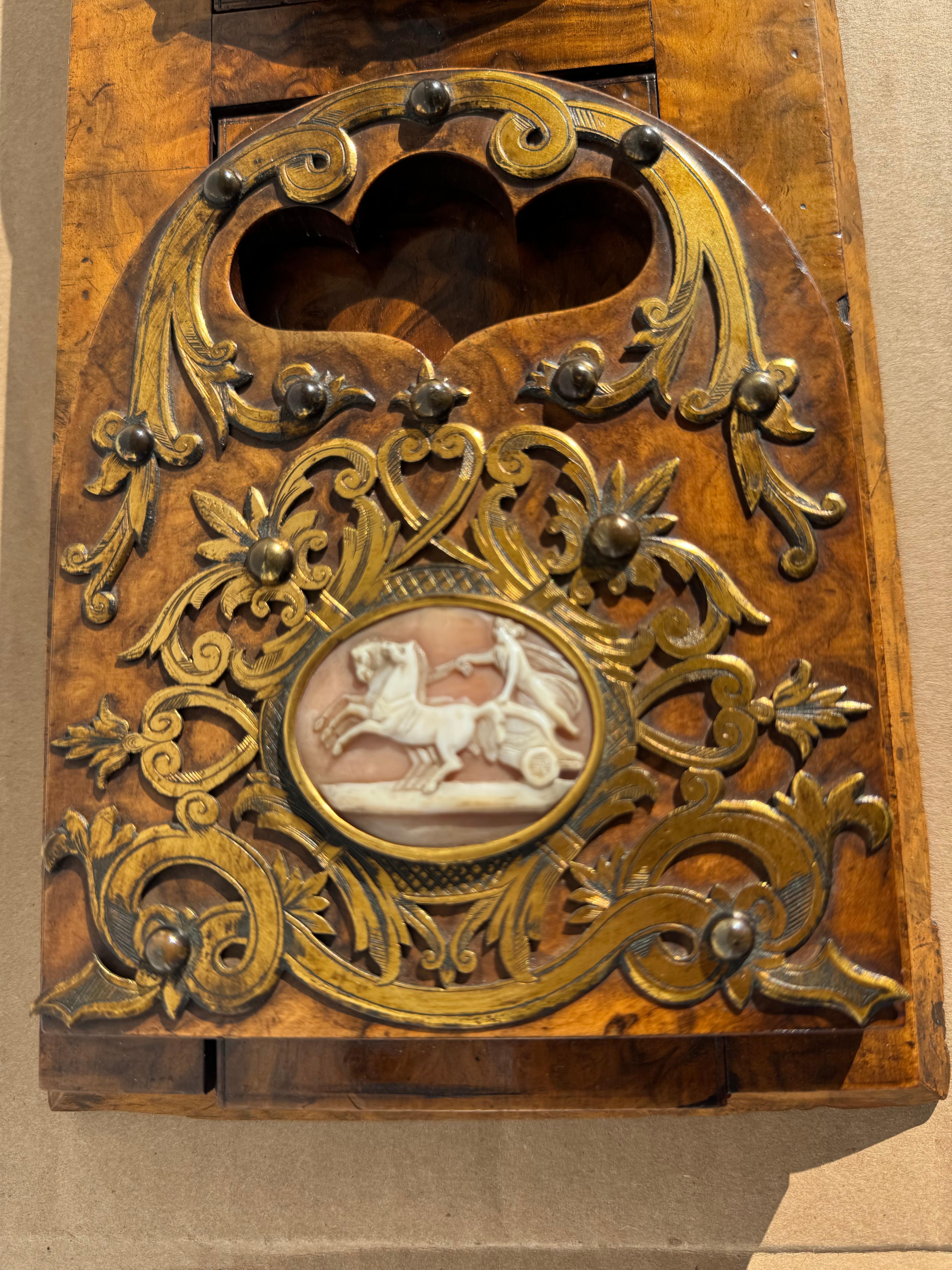 Late Victorian Parkins and Gotto Burlwood and Brass Gliding Book Stand With Cameos For Sale