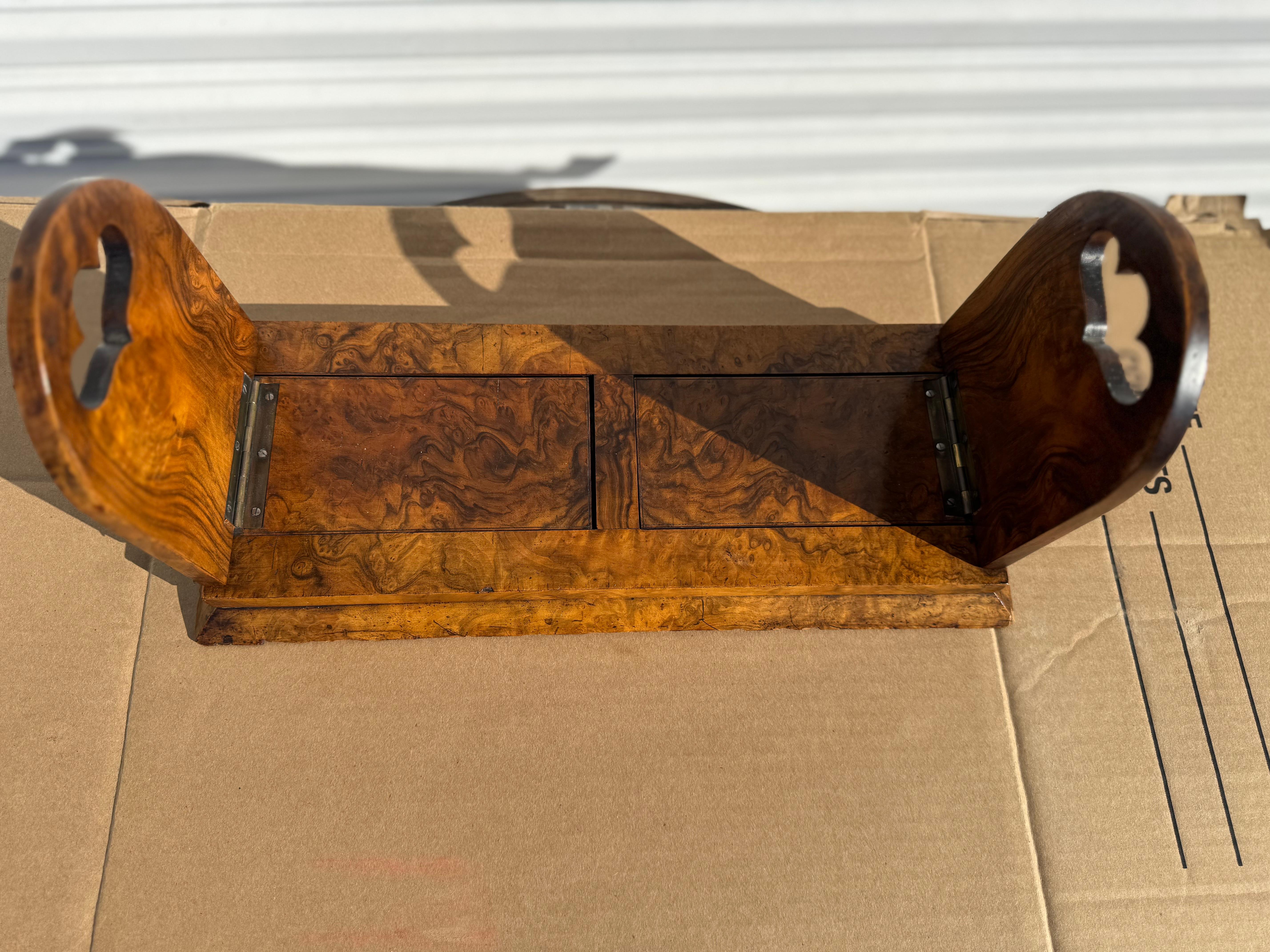 English Parkins and Gotto Burlwood and Brass Gliding Book Stand With Cameos For Sale