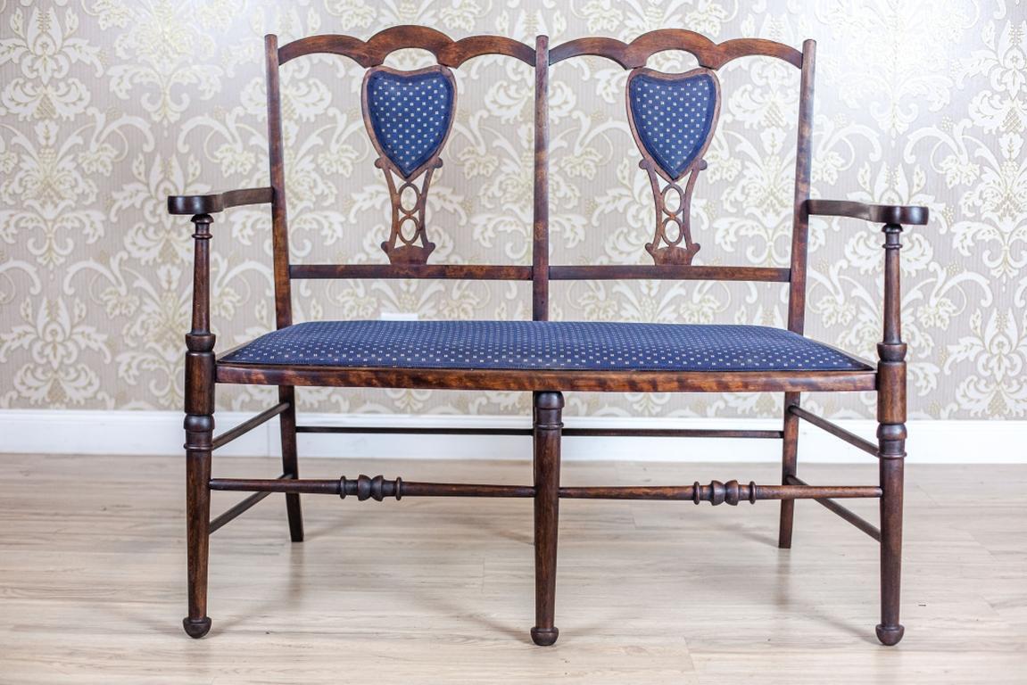 Parlor Set from the Early 20h Century in Blue Upholstery

We present you small parlor set composed of a two-person sofa and two armchairs.
The furniture is openwork, of a lightweight construction, and with softly upholstered seats and fragments of