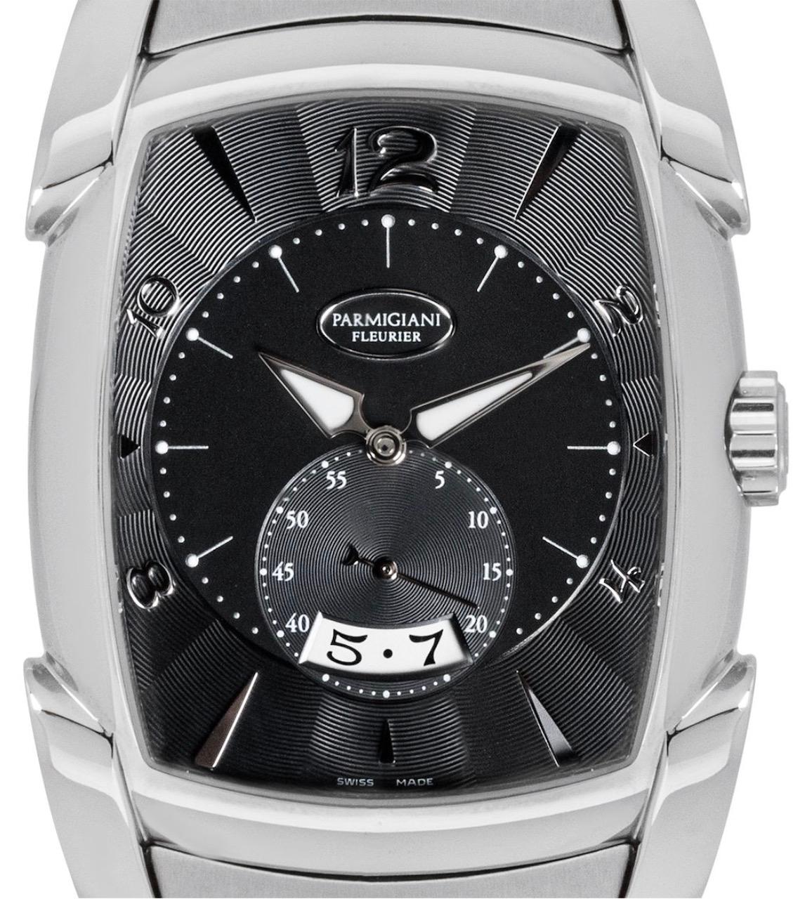 A 37mm mens Parmigiani Fleurier Kalpa XL in stainless steel. Featuring a black dial with applied arabic numbers, a seconds sub-dial, a date indicator and a steel bezel. Equipped with a steel bracelet and a double deployant clasp. The watch is