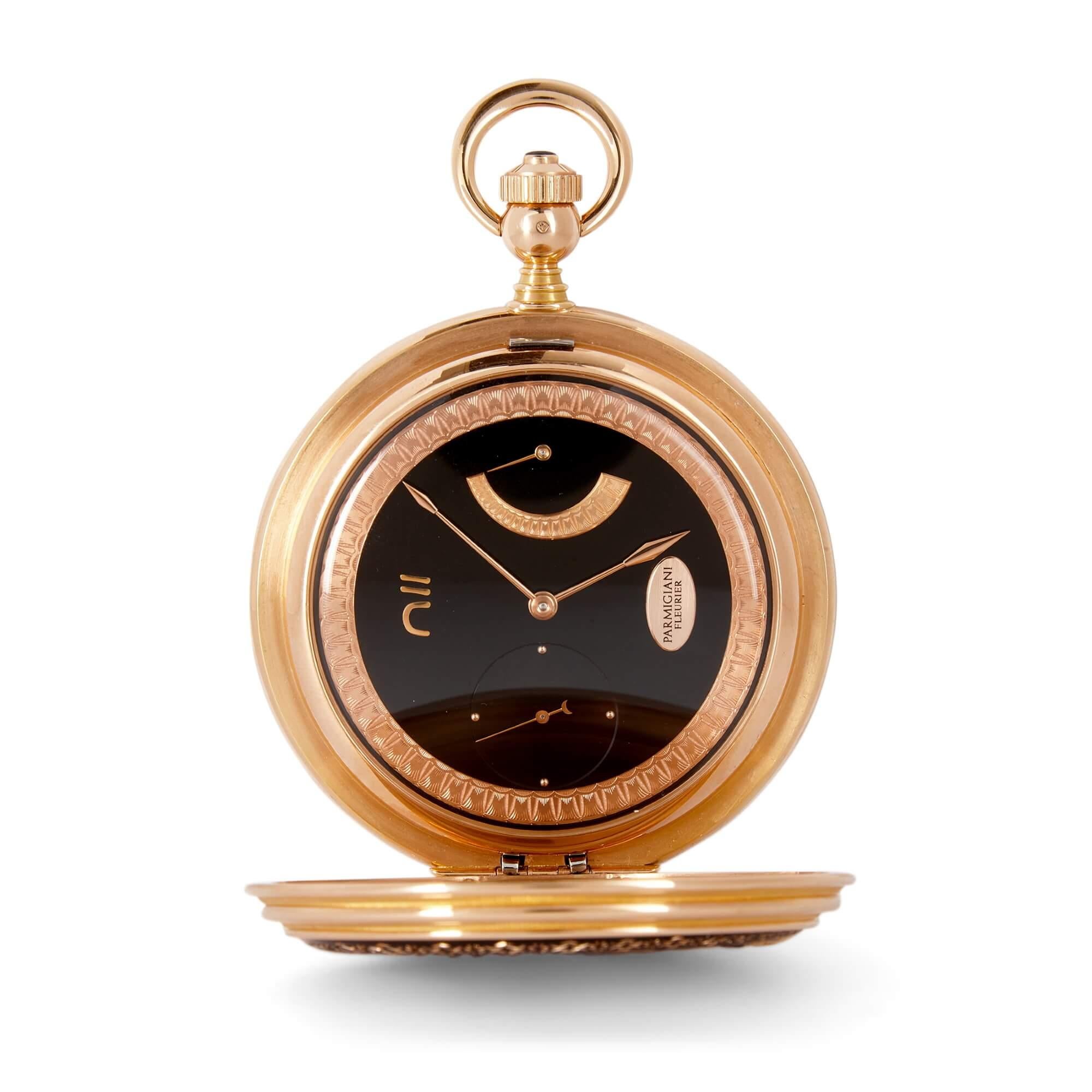 Parmigiani Fleurier, 'Nubia' - an extremely fine and unique 18K pink gold pocket watch
Swiss, Early 21st Century
Measures: Height 9cm, width 6.5cm, depth 1.5cm
Open: height 9.5cm, width 12.5cm, depth 6.5cm

This beautiful timepiece is a unique,
