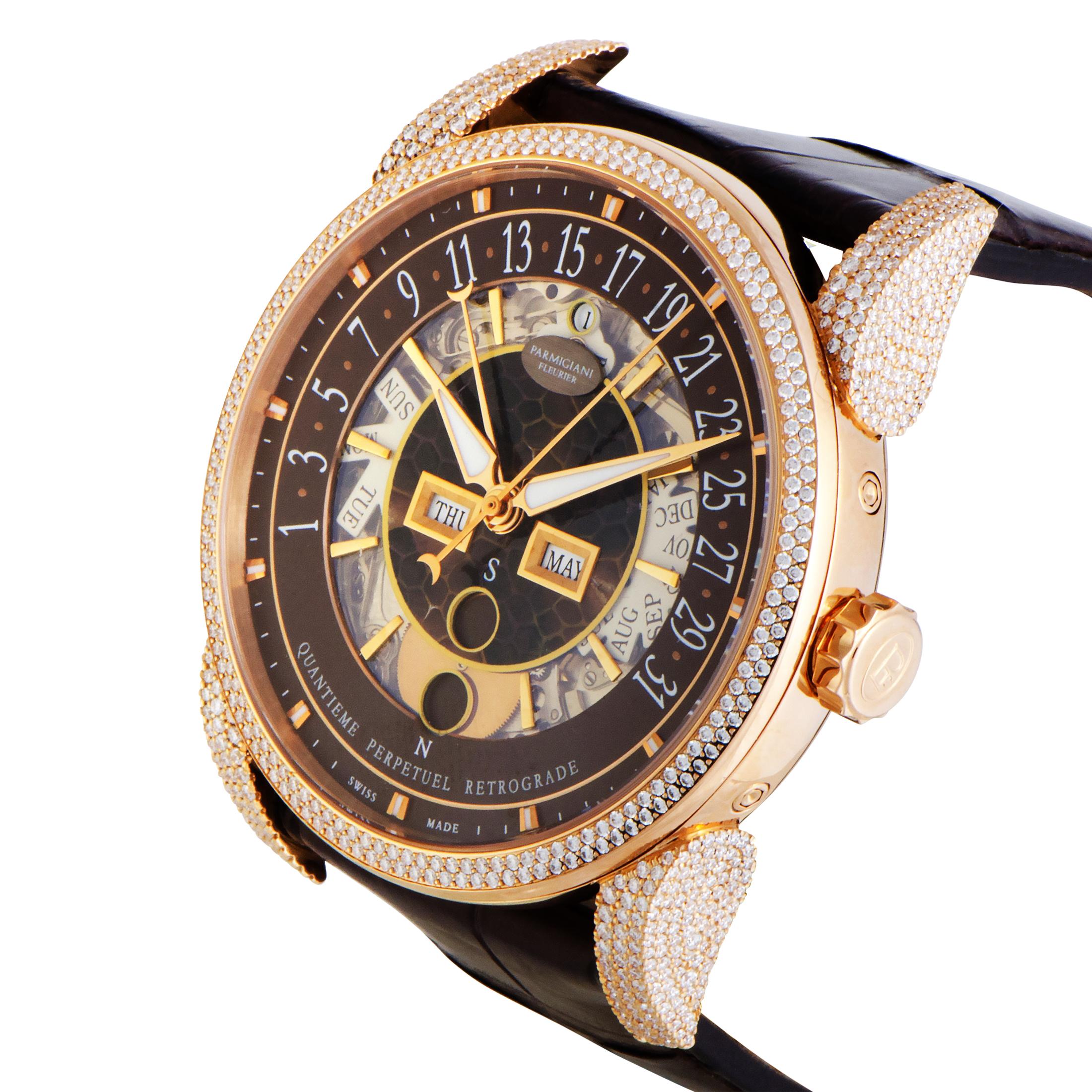Brilliantly matching the demanding complexity and fascinating allure of the perpetual calendar complication, the sophisticated and partially openworked appearance of this stunning timepiece from Parmigiani Fleurier offers a captivating and memorable