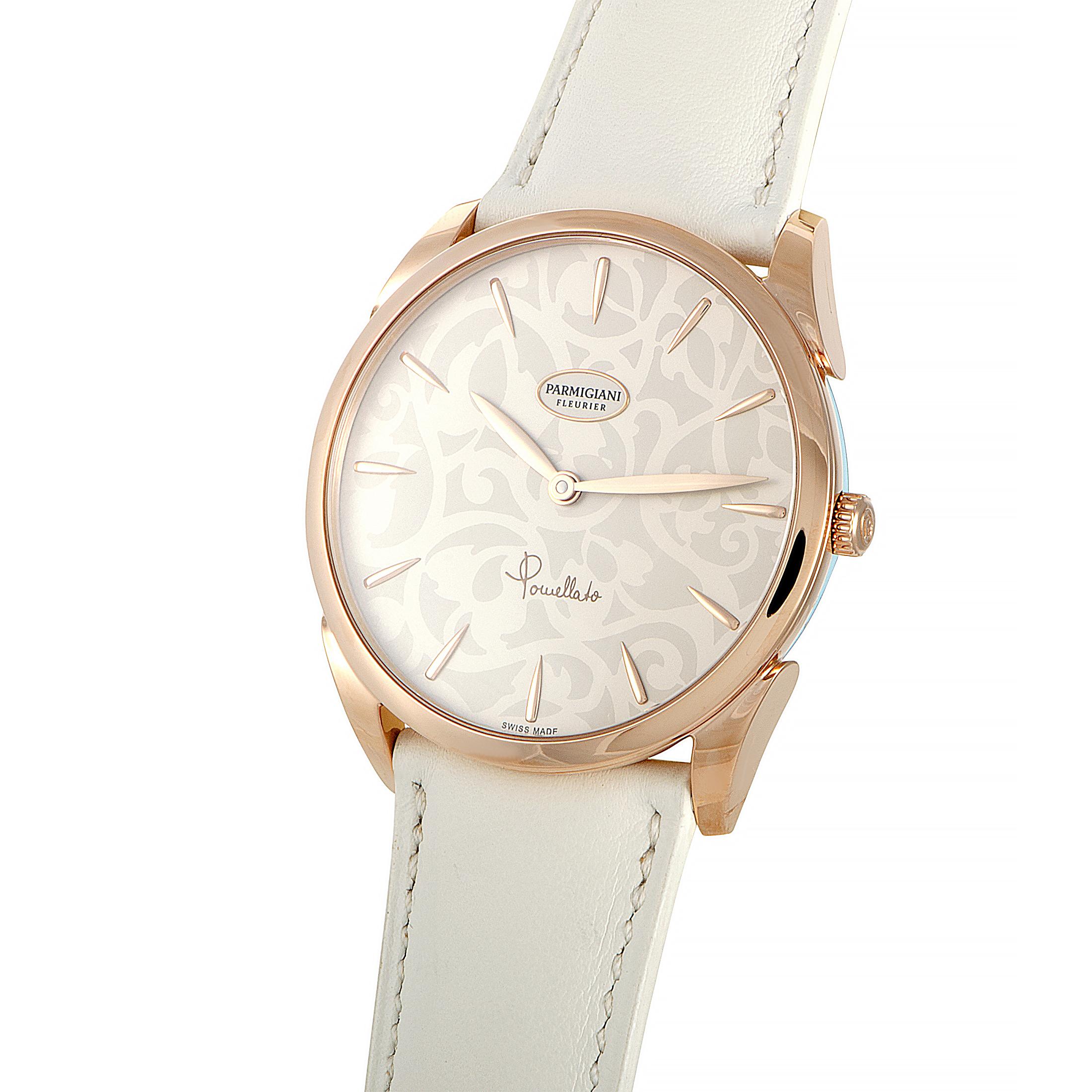 Exceptionally subtle, intricately designed, and exquisitely applied, the intriguing pattern of the dial is inspired by the esteemed “Arabesque” collection of Pomellato in this gorgeously feminine timepiece from Parmigiani Fleurier. The watch is