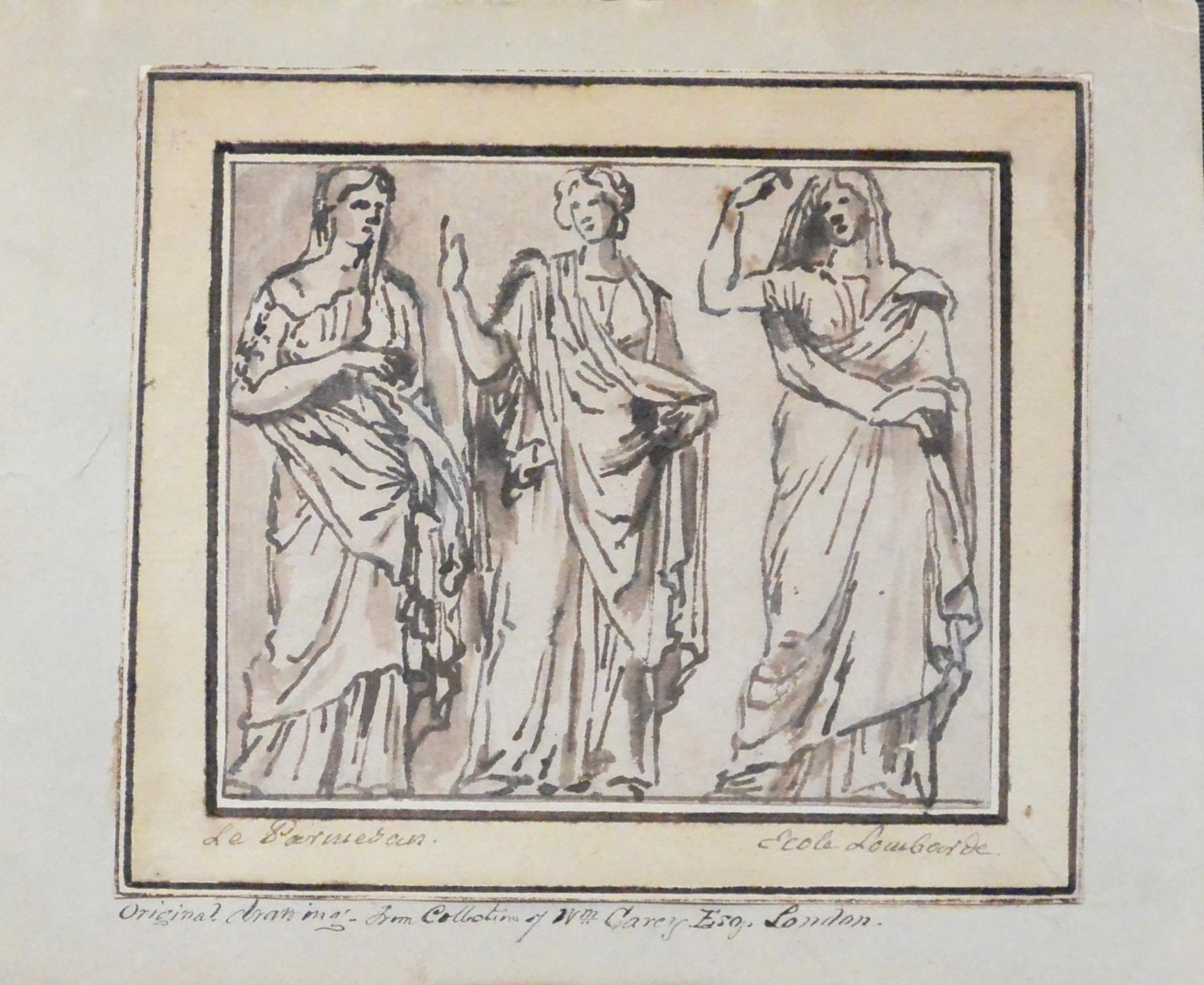 Étude figurative à l'encre de l'école lombarde représentant les Trois Grâces, portant les inscriptions 